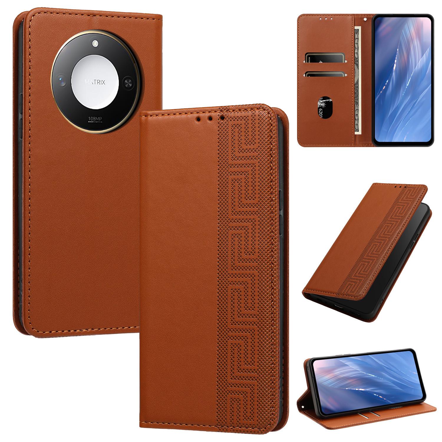 For Honor X60 / X9c Smart Embossed Meander Pattern RFID Vegan Leather Phone Case(Brown) - Shopkiz.com