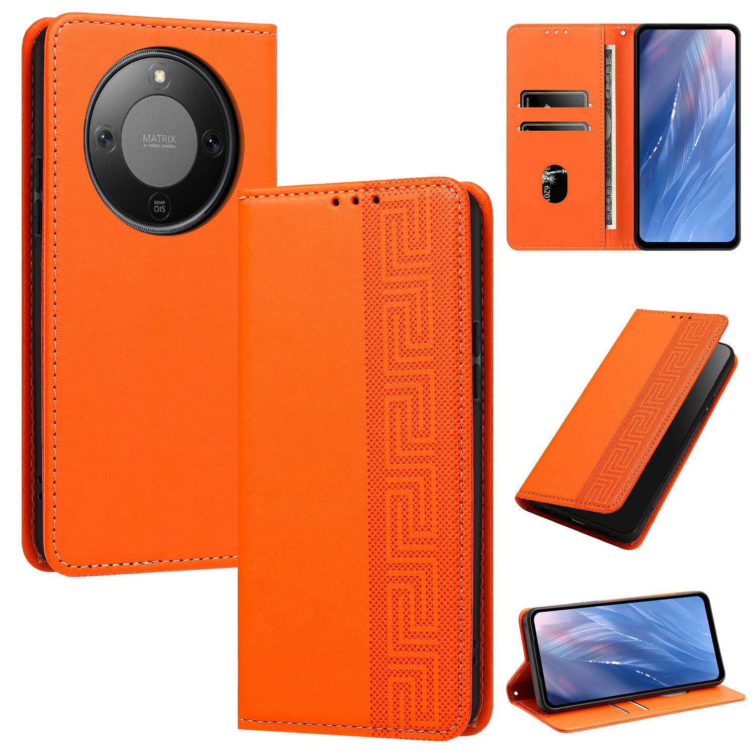 For Honor X70 / X9d 5G / Magic8 Lite Embossed Meander Pattern RFID Vegan Leather Phone Case(Orange) - Shopkiz.com