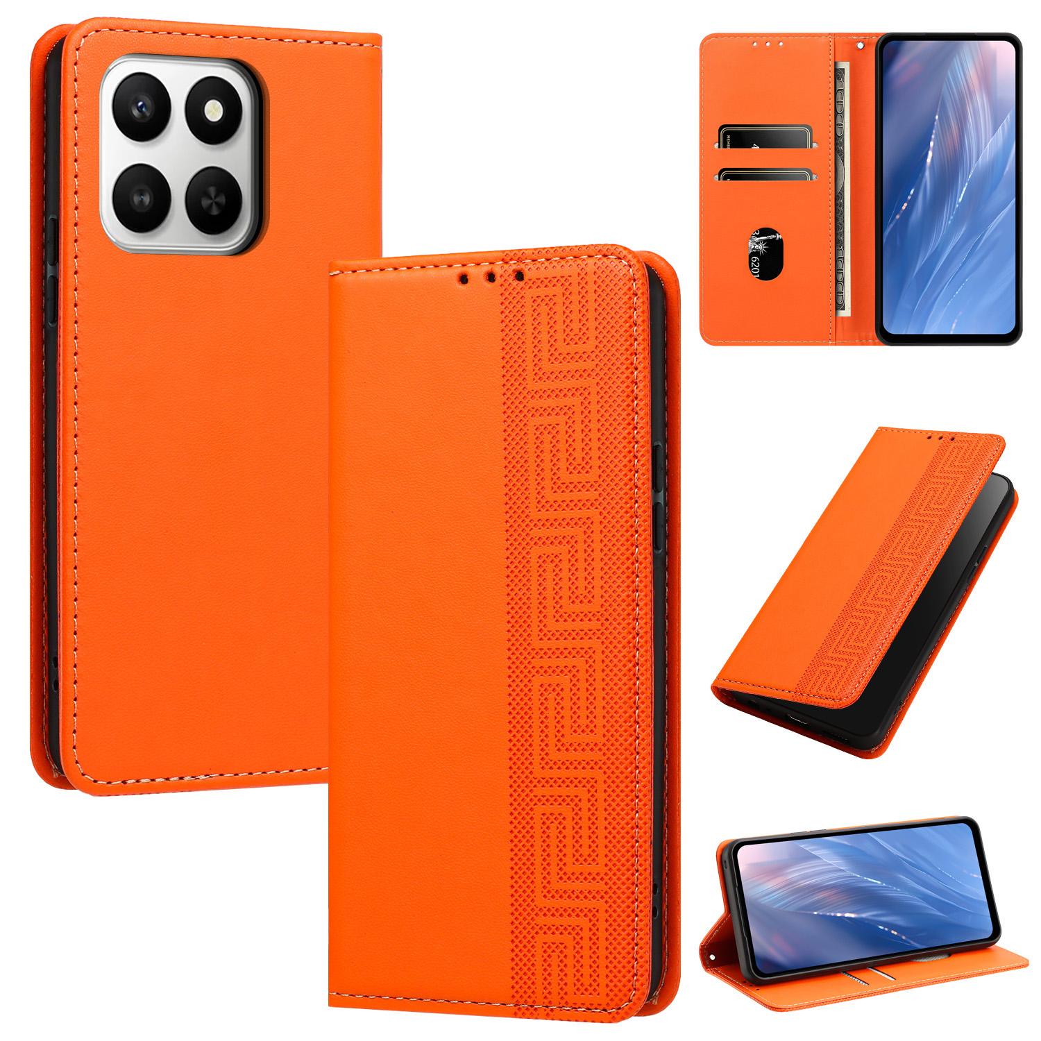 For Honor 400 Smart / X7d 5G Embossed Meander Pattern RFID Vegan Leather Phone Case(Orange) - Shopkiz.com