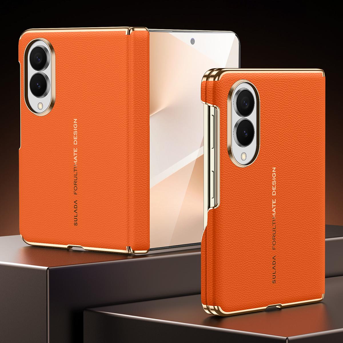 For Galaxy Z Fold8 5G SULADA Electroplated Frame Dual-Axis Magnetic Genuine Leather Phone Case(Orange) - Shopkiz.com