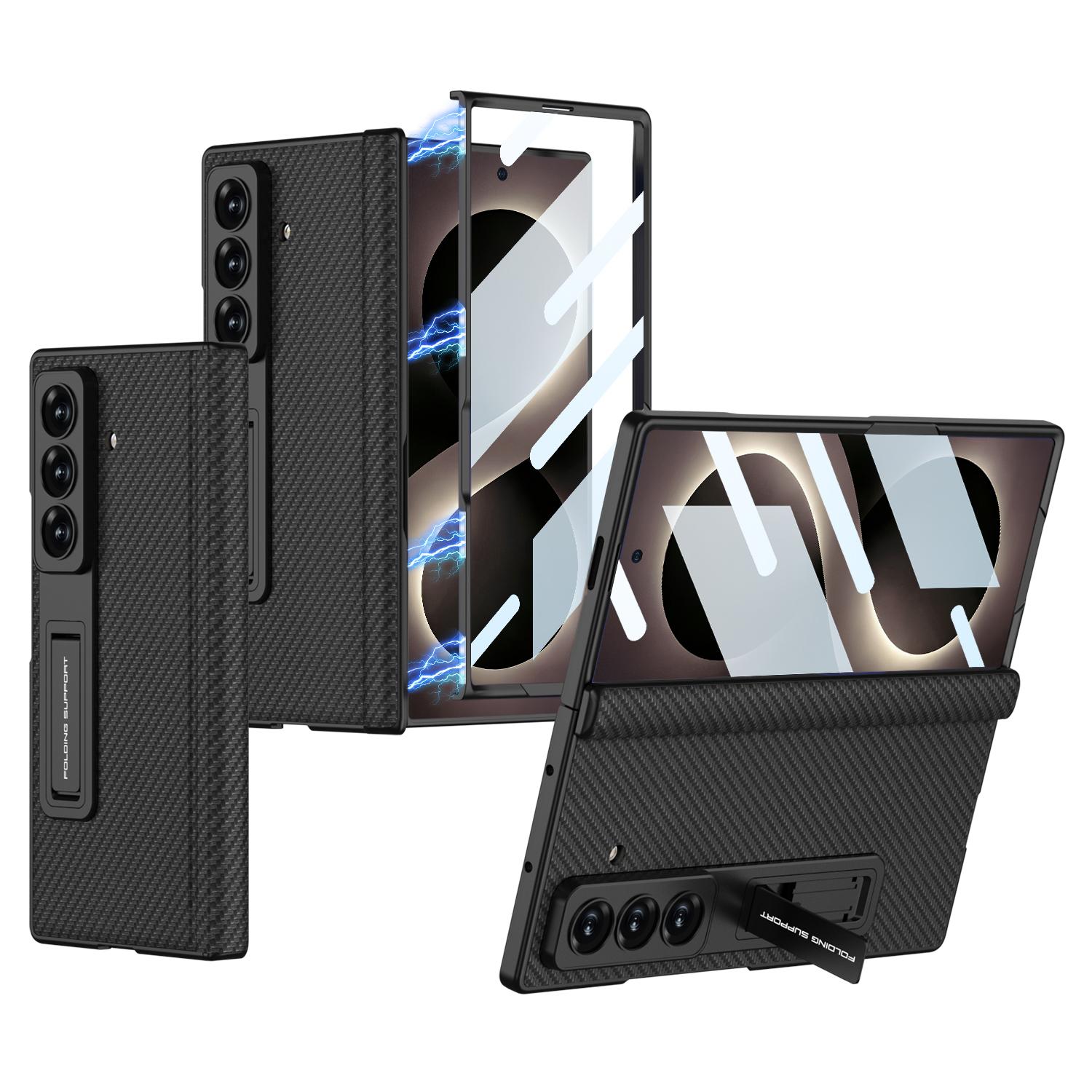 For Galaxy Z Fold8 Ultra 5G GKK Integrated Magnetic Folding Vegan Leather Hinge Phone Case with Holder(Carbon Fiber) - Shopkiz.com