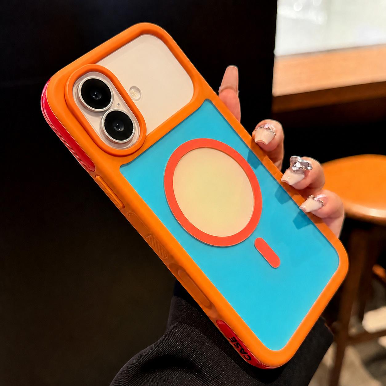 For iPhone 17 Color Blocked 2 in 1 PC Hybrid TPU Magnetic Phone Case(Orange + Blue) - Shopkiz.com