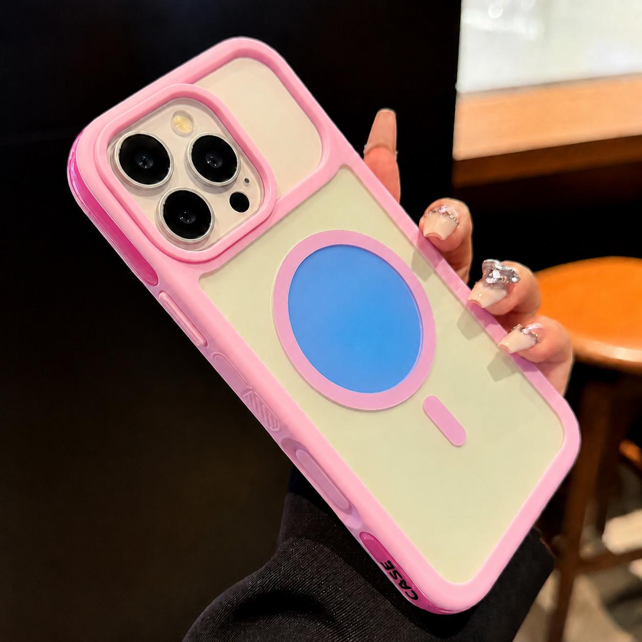 For iPhone 16 Pro Color Blocked 2 in 1 PC Hybrid TPU Magnetic Phone Case(Pink + Blue) - Shopkiz.com