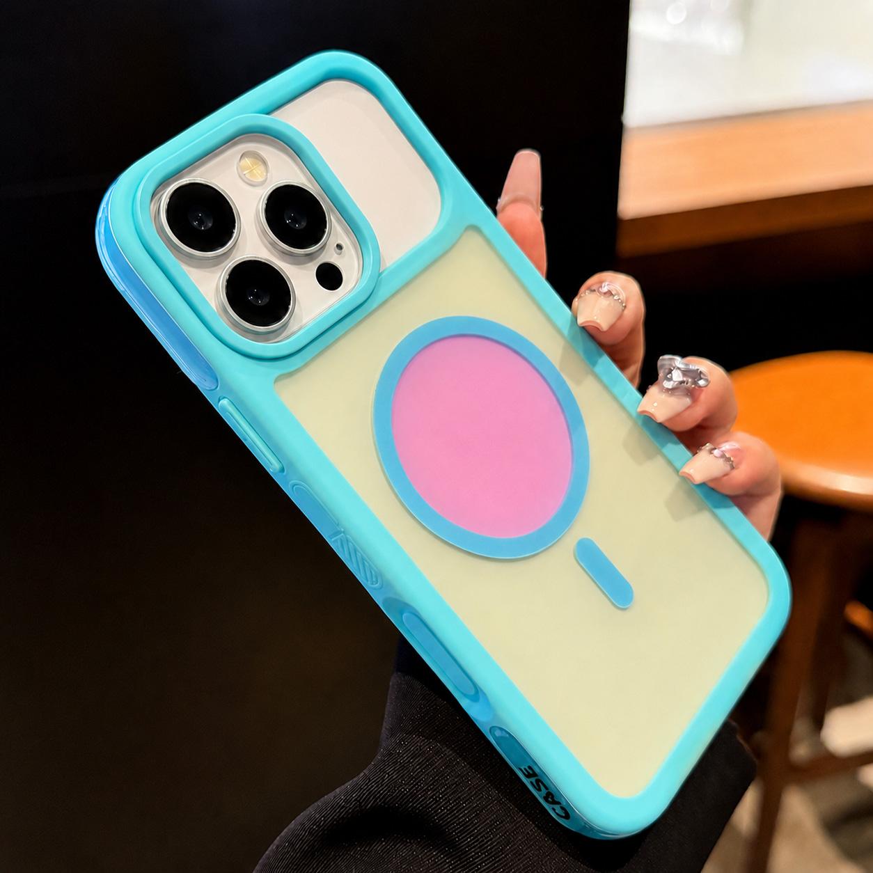For iPhone 16 Pro Color Blocked 2 in 1 PC Hybrid TPU Magnetic Phone Case(Blue + Pink) - Shopkiz.com