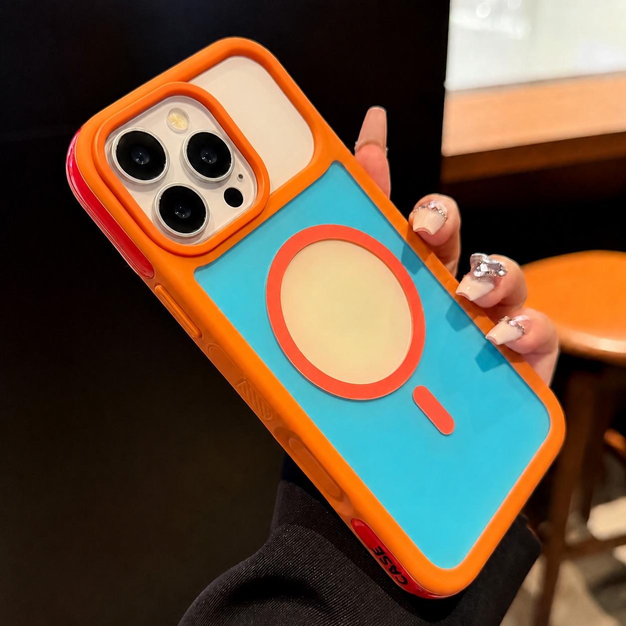 For iPhone 16 Pro Color Blocked 2 in 1 PC Hybrid TPU Magnetic Phone Case(Orange + Blue) - Shopkiz.com