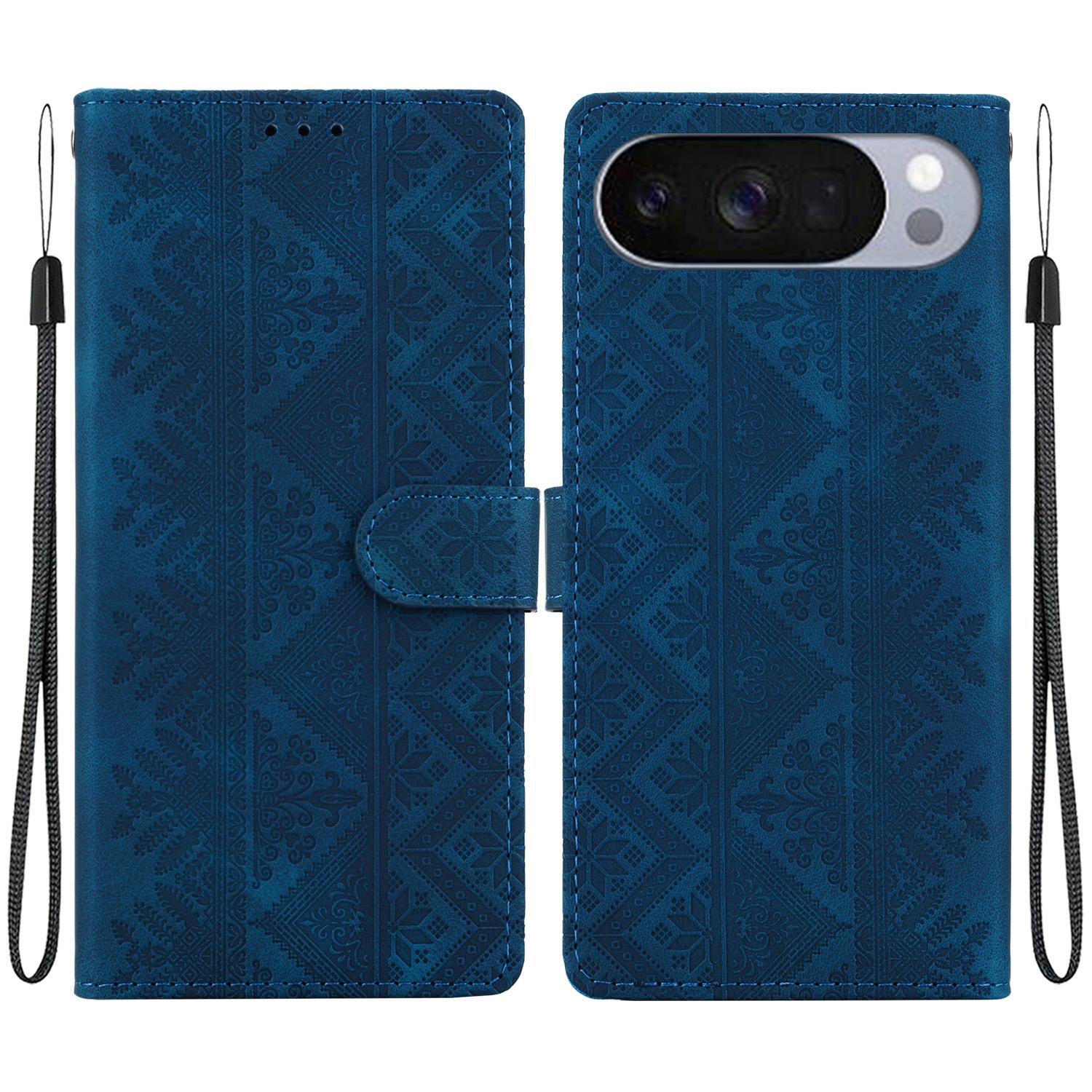 For Google Pixel 11 / 11 Pro / 10 / 10 Pro Ethnic Pattern Embossed Vegan Leather Phone Case(Dark Blue) - Shopkiz.com