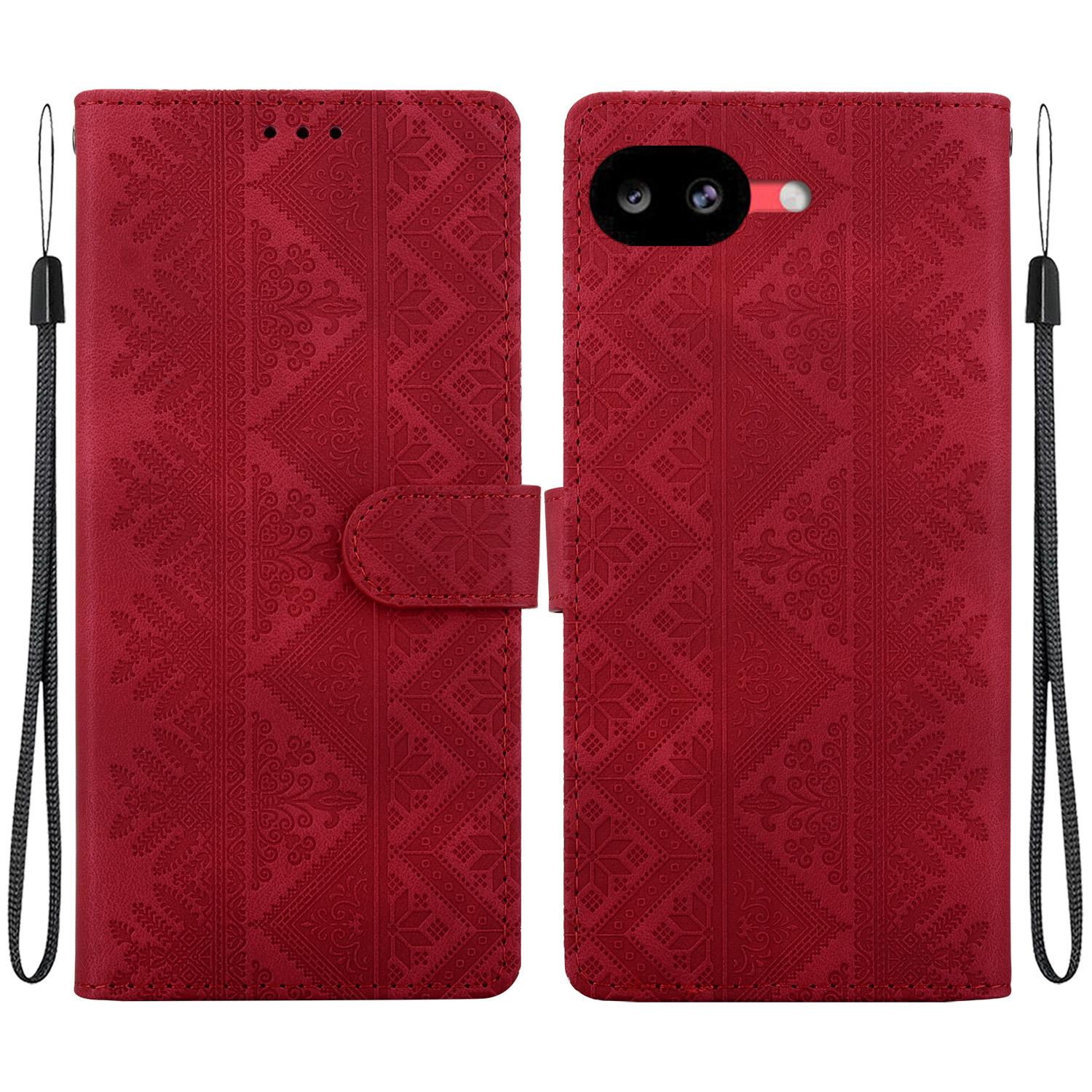 For Google Pixel 10a Ethnic Pattern Embossed Vegan Leather Phone Case(Red) - Shopkiz.com