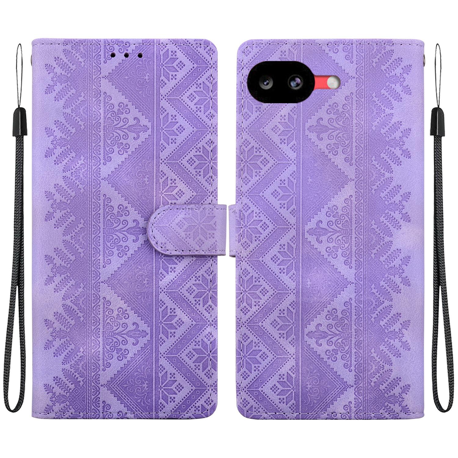For Google Pixel 10a Ethnic Pattern Embossed Vegan Leather Phone Case(Purple) - Shopkiz.com