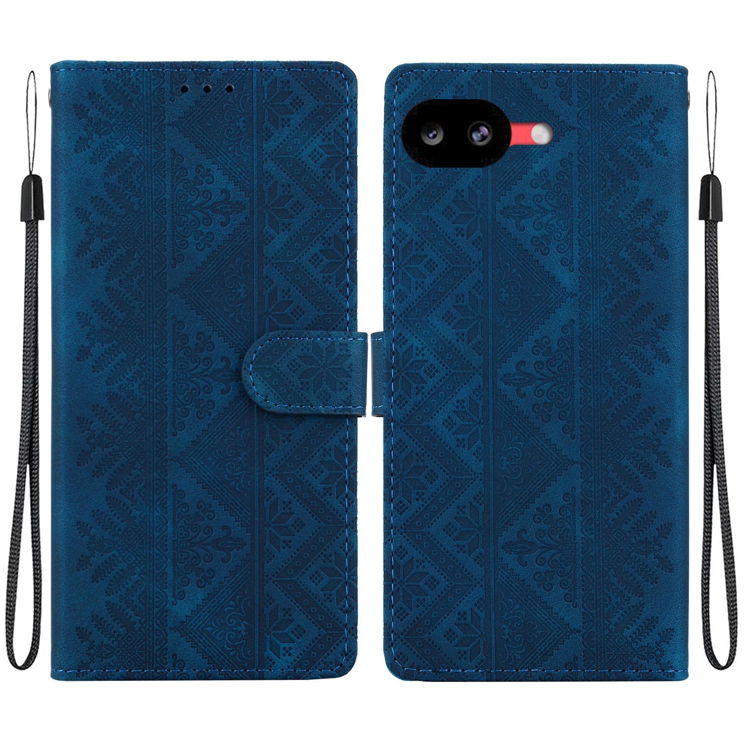 For Google Pixel 10a Ethnic Pattern Embossed Vegan Leather Phone Case(Dark Blue) - Shopkiz.com