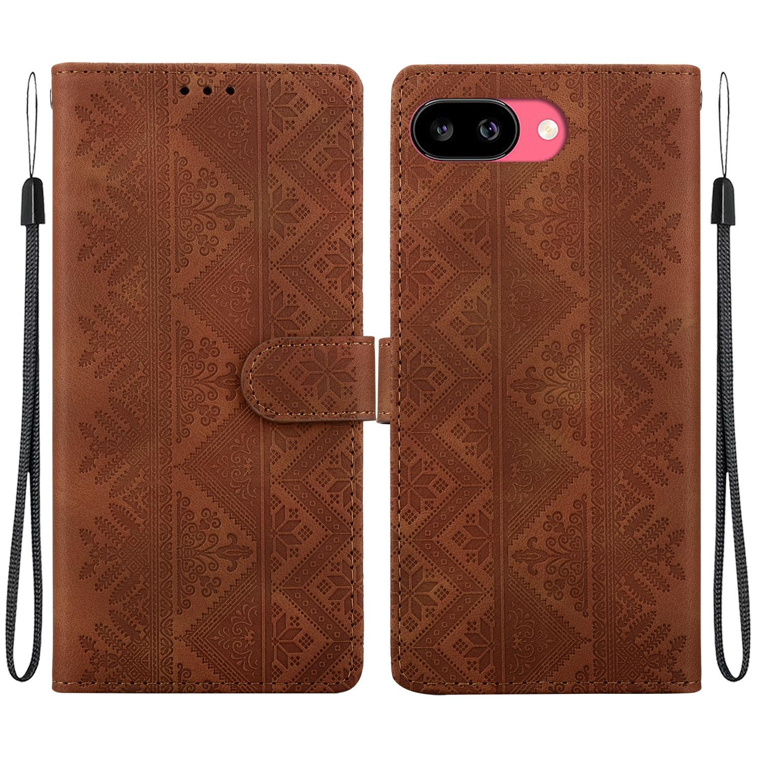 For Google Pixel 9a Ethnic Pattern Embossed Vegan Leather Phone Case(Brown) - Shopkiz.com