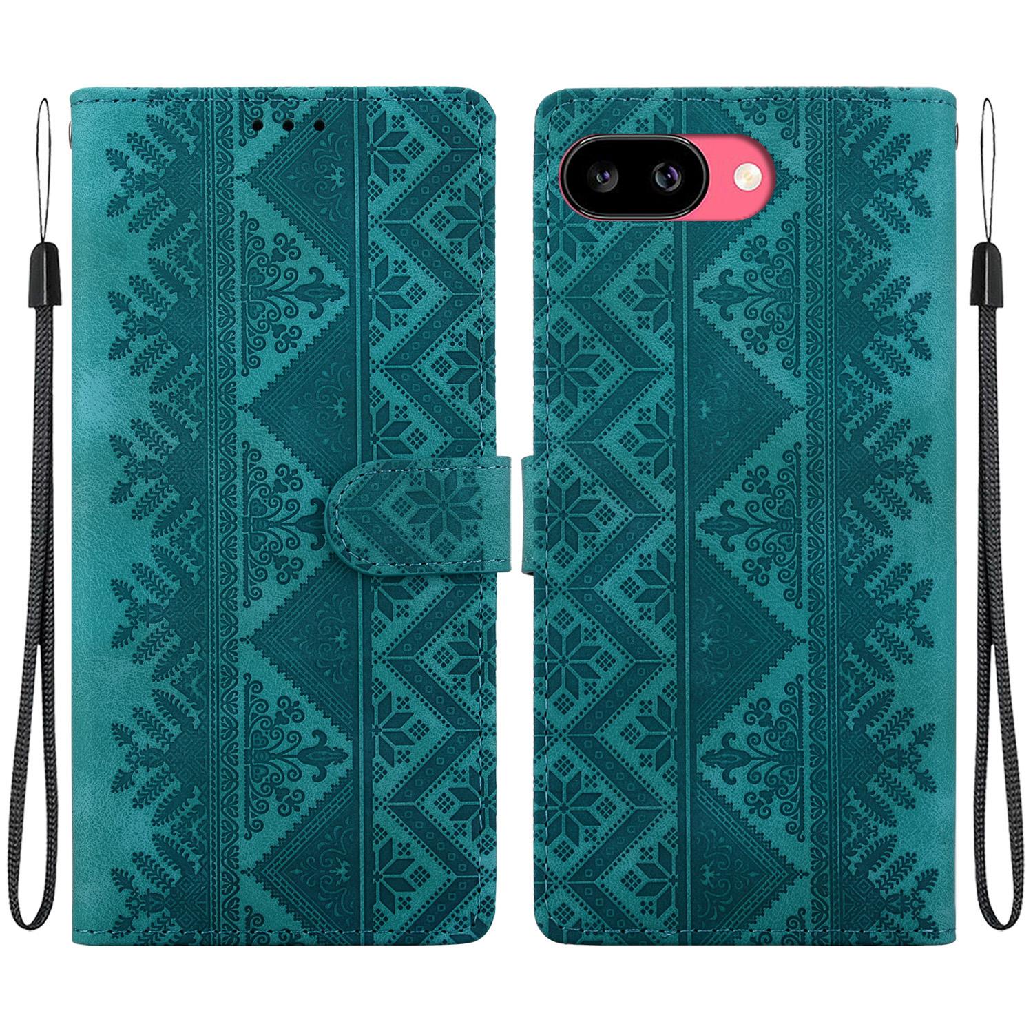 For Google Pixel 9a Ethnic Pattern Embossed Vegan Leather Phone Case(Green) - Shopkiz.com