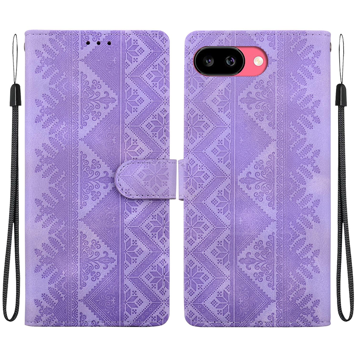 For Google Pixel 9a Ethnic Pattern Embossed Vegan Leather Phone Case(Purple) - Shopkiz.com
