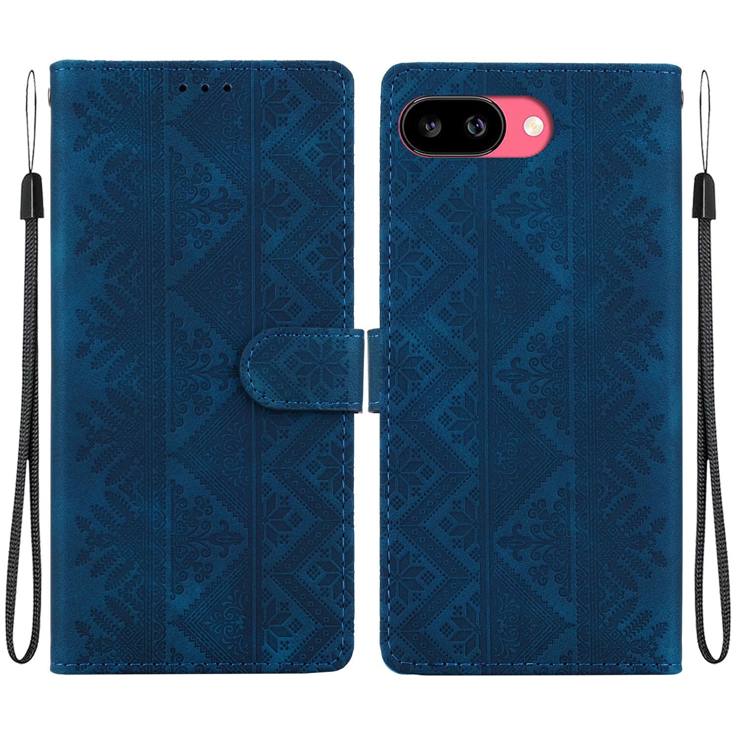 For Google Pixel 9a Ethnic Pattern Embossed Vegan Leather Phone Case(Dark Blue) - Shopkiz.com