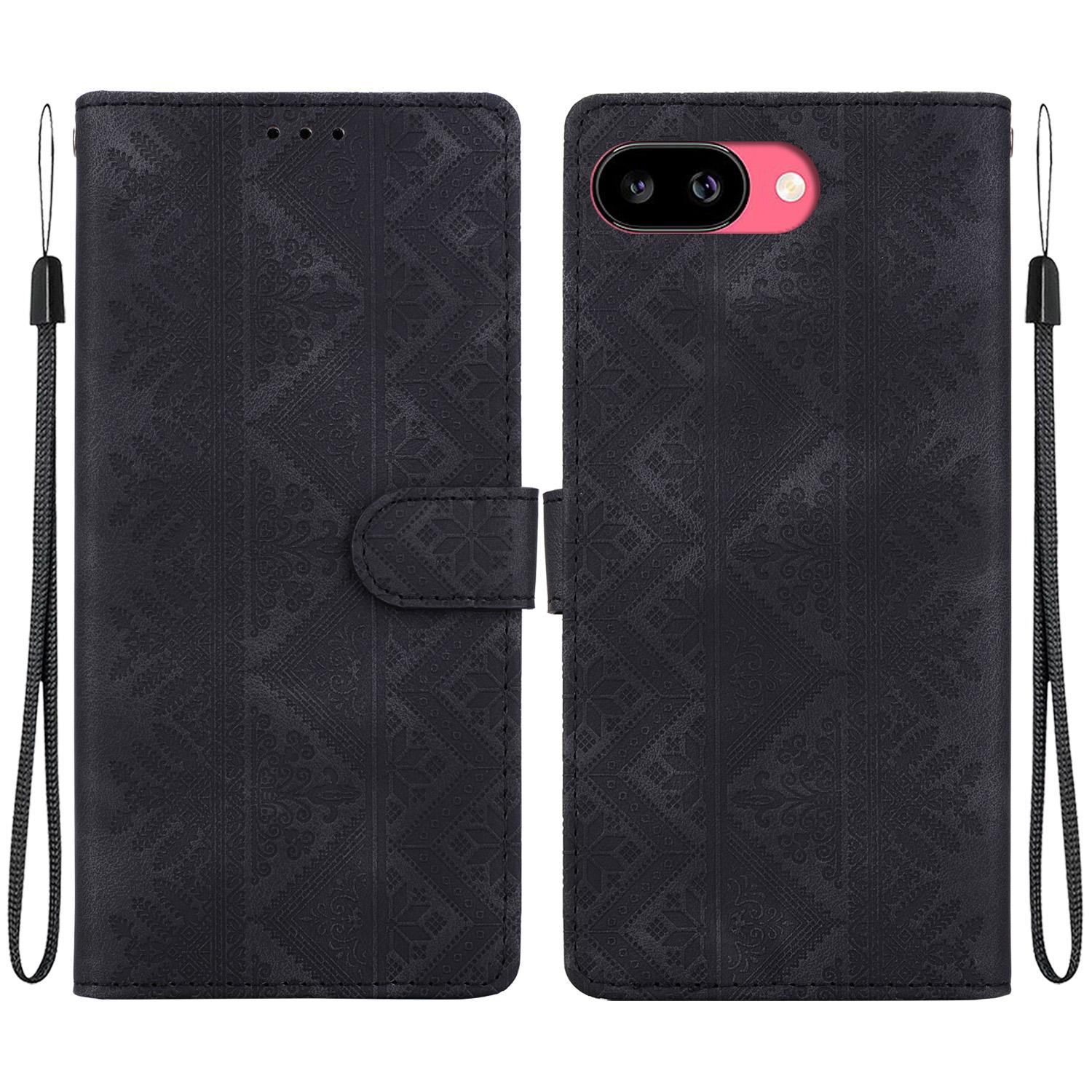 For Google Pixel 9a Ethnic Pattern Embossed Vegan Leather Phone Case(Black) - Shopkiz.com