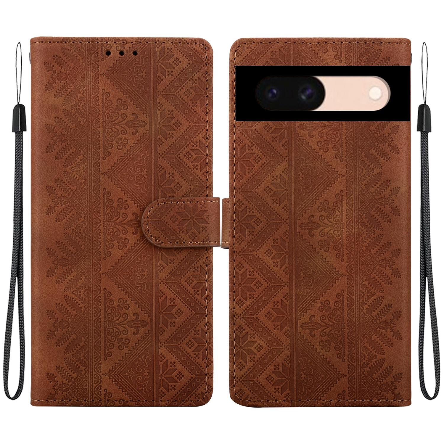 For Google Pixel 8a Ethnic Pattern Embossed Vegan Leather Phone Case(Brown) - Shopkiz.com