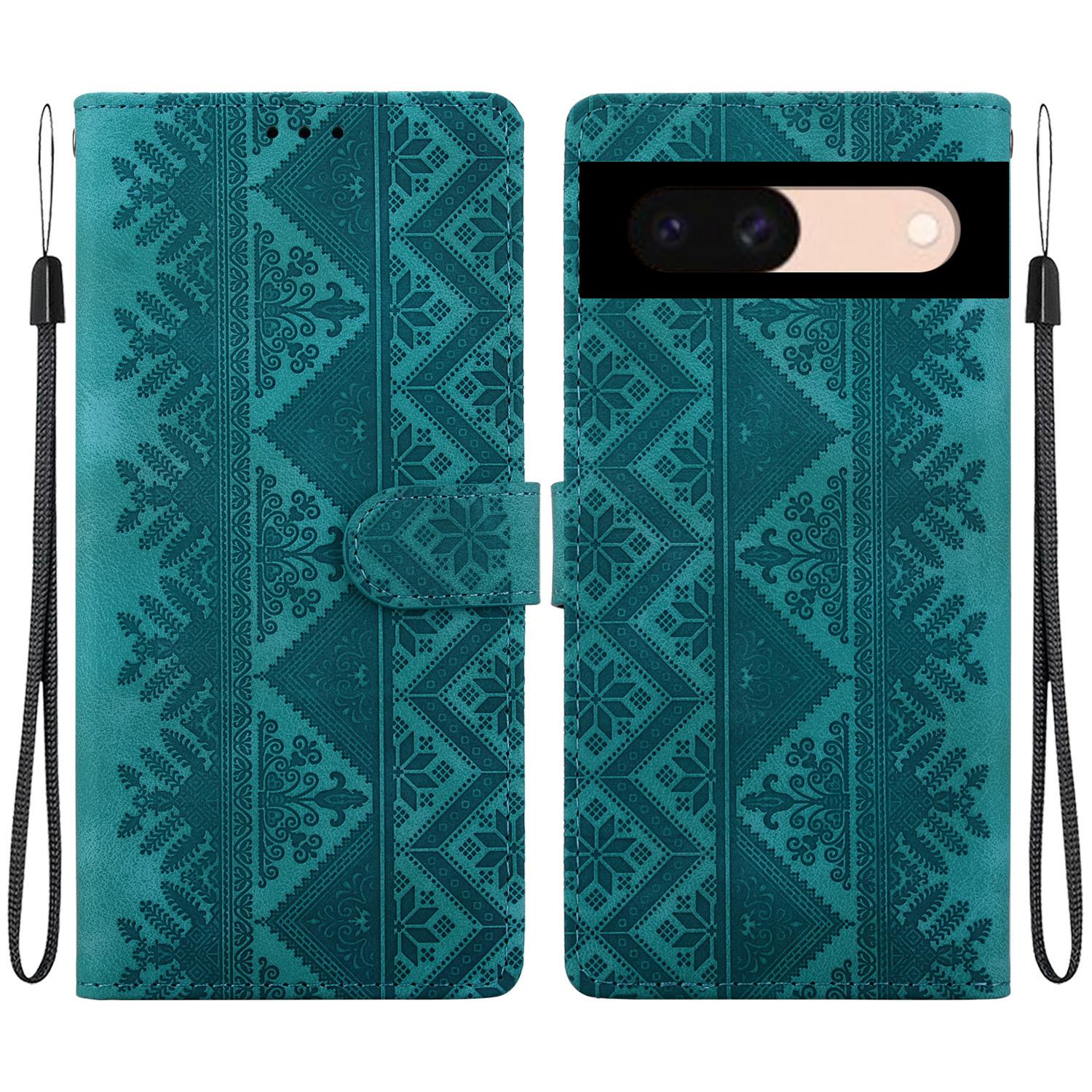 For Google Pixel 8a Ethnic Pattern Embossed Vegan Leather Phone Case(Green) - Shopkiz.com