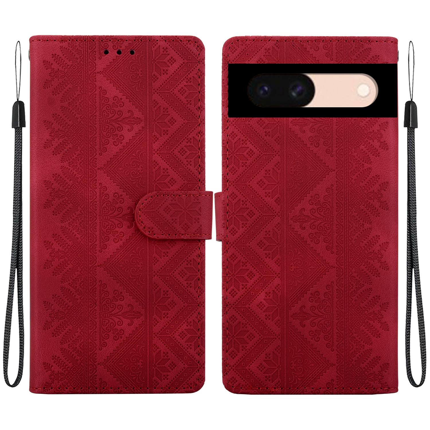 For Google Pixel 8a Ethnic Pattern Embossed Vegan Leather Phone Case(Red) - Shopkiz.com