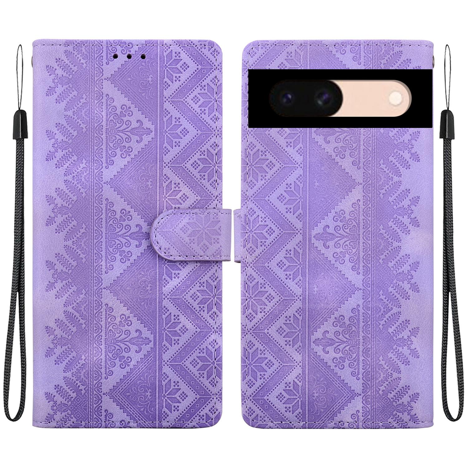 For Google Pixel 8a Ethnic Pattern Embossed Vegan Leather Phone Case(Purple) - Shopkiz.com