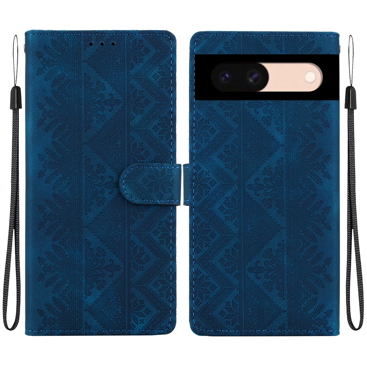 For Google Pixel 8a Ethnic Pattern Embossed Vegan Leather Phone Case(Dark Blue) - Shopkiz.com