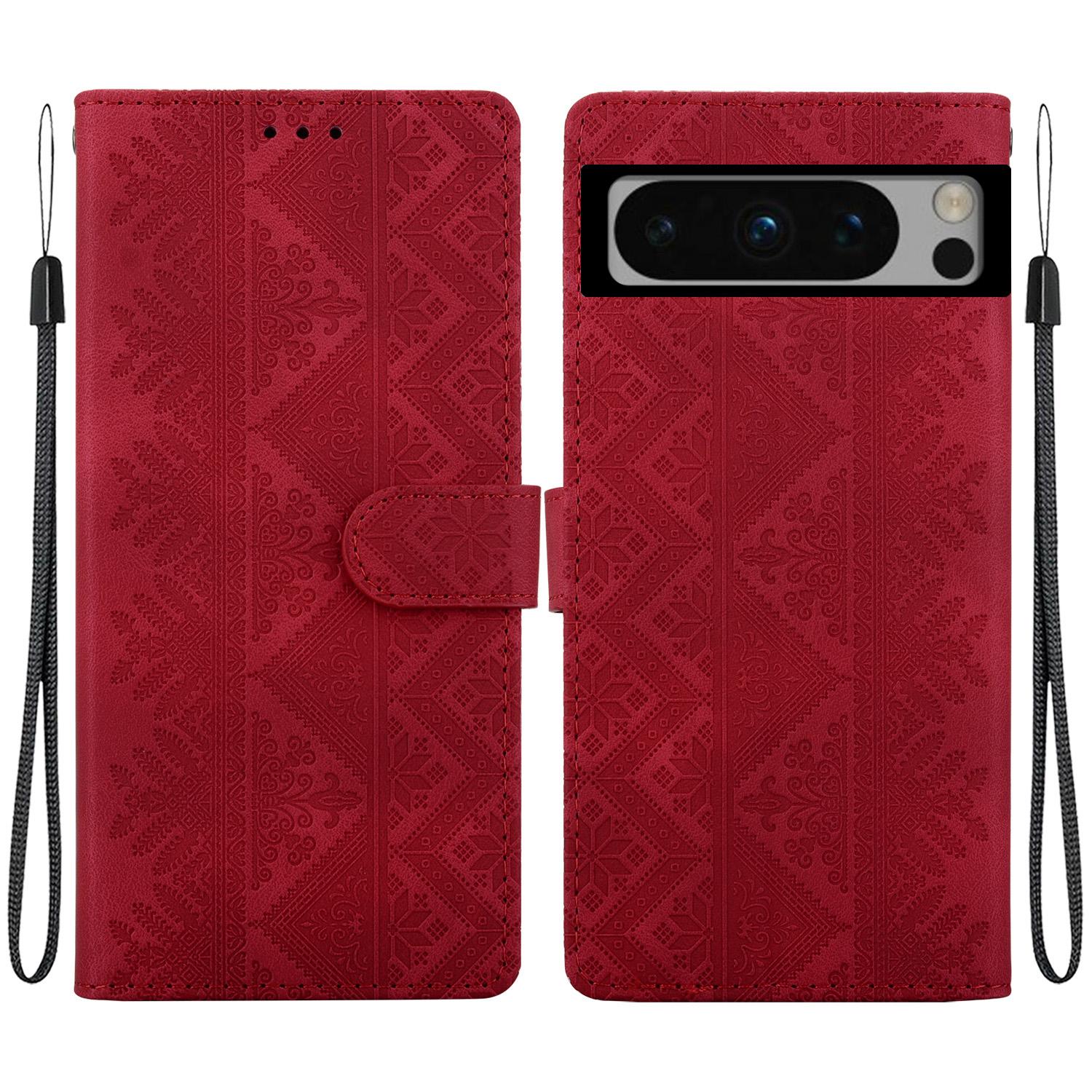 For Google Pixel 8 Pro Ethnic Pattern Embossed Vegan Leather Phone Case(Red) - Shopkiz.com