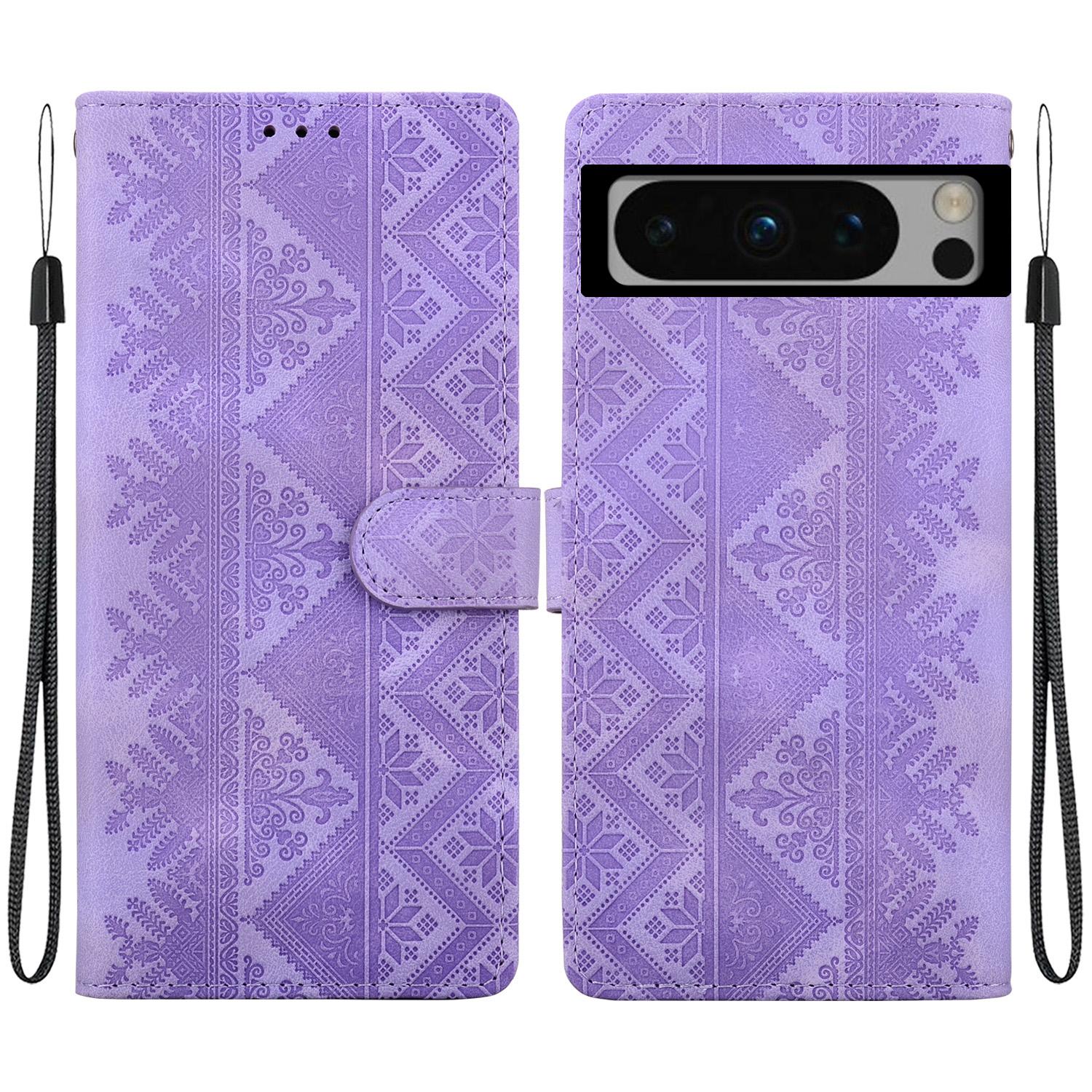 For Google Pixel 8 Pro Ethnic Pattern Embossed Vegan Leather Phone Case(Purple) - Shopkiz.com