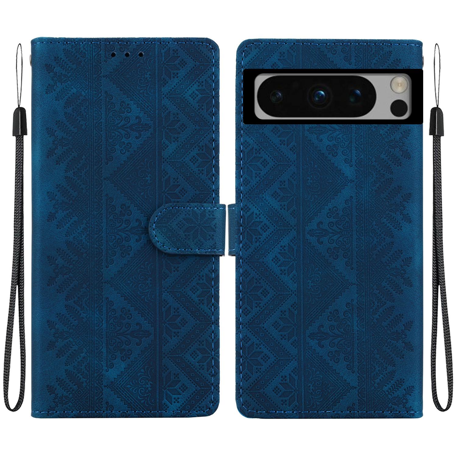 For Google Pixel 8 Pro Ethnic Pattern Embossed Vegan Leather Phone Case(Dark Blue) - Shopkiz.com