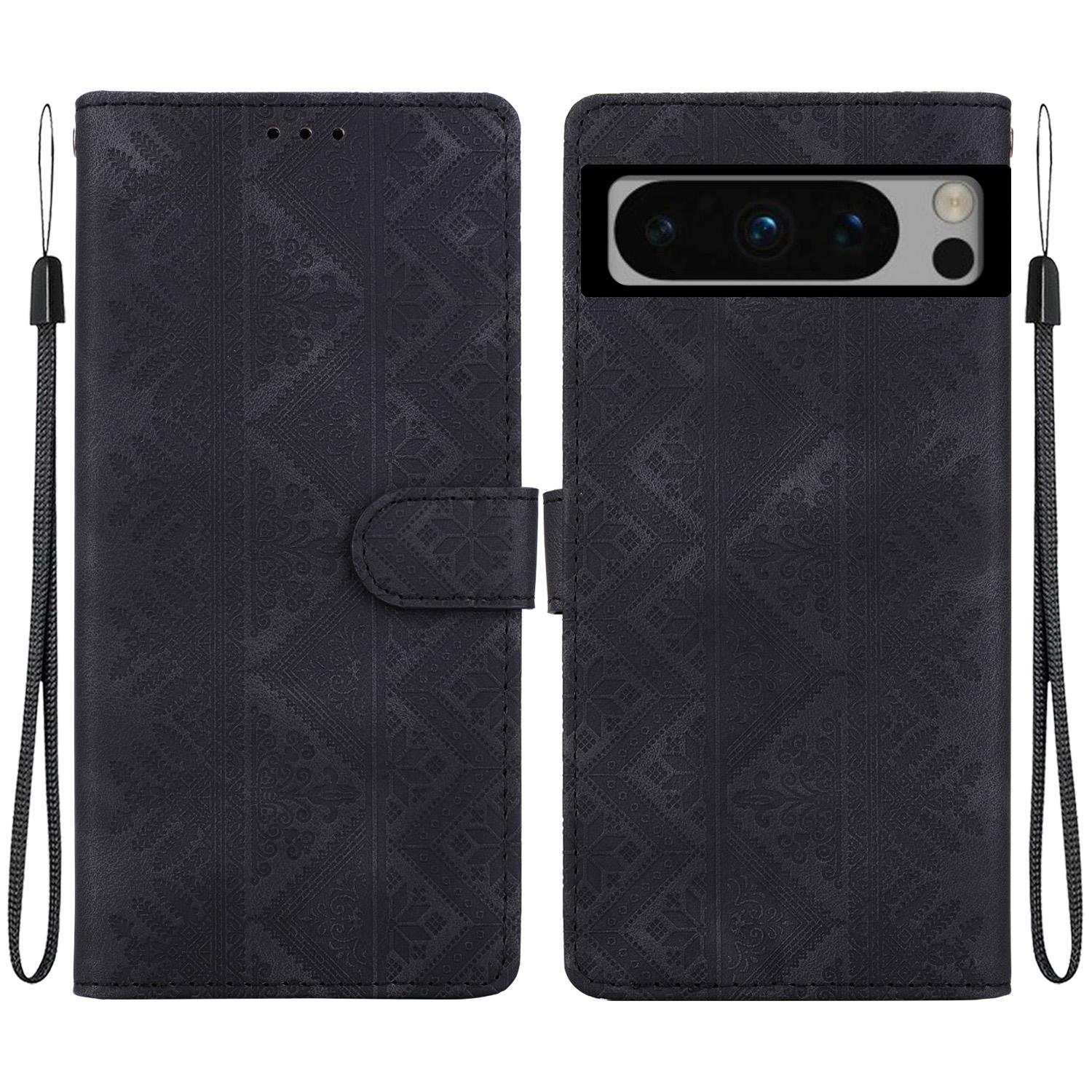 For Google Pixel 8 Pro Ethnic Pattern Embossed Vegan Leather Phone Case(Black) - Shopkiz.com