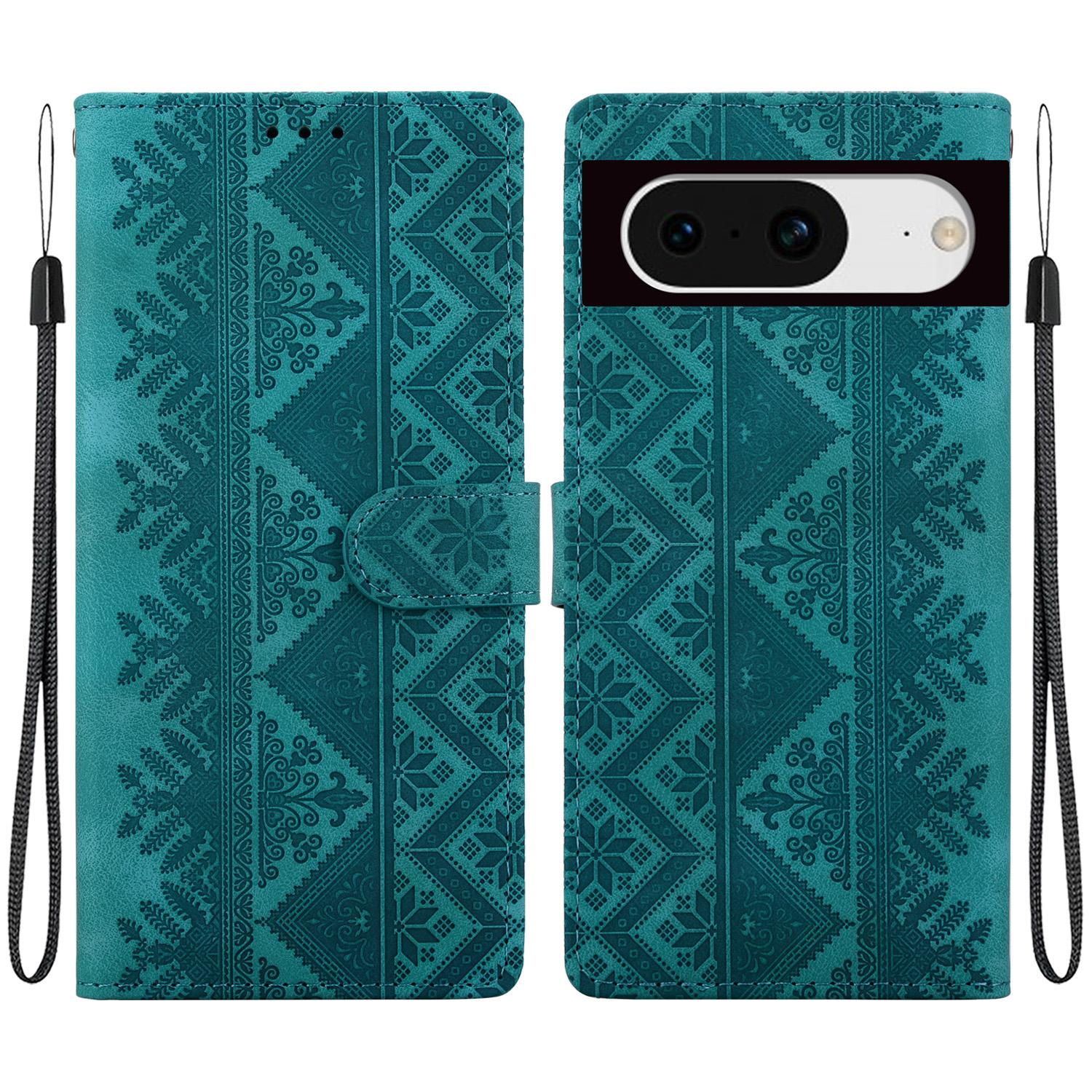 For Google Pixel 8 Ethnic Pattern Embossed Vegan Leather Phone Case(Green) - Shopkiz.com