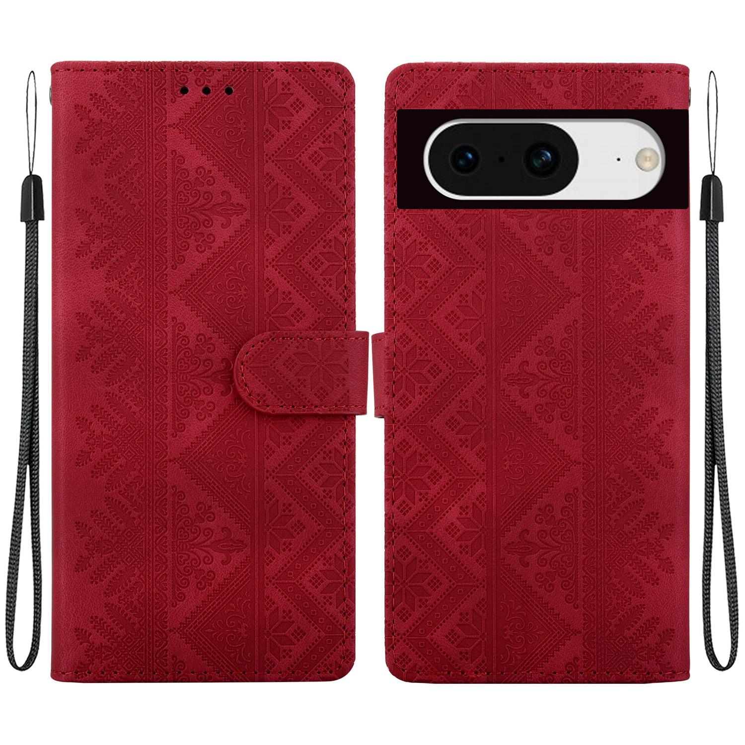 For Google Pixel 8 Ethnic Pattern Embossed Vegan Leather Phone Case(Red) - Shopkiz.com