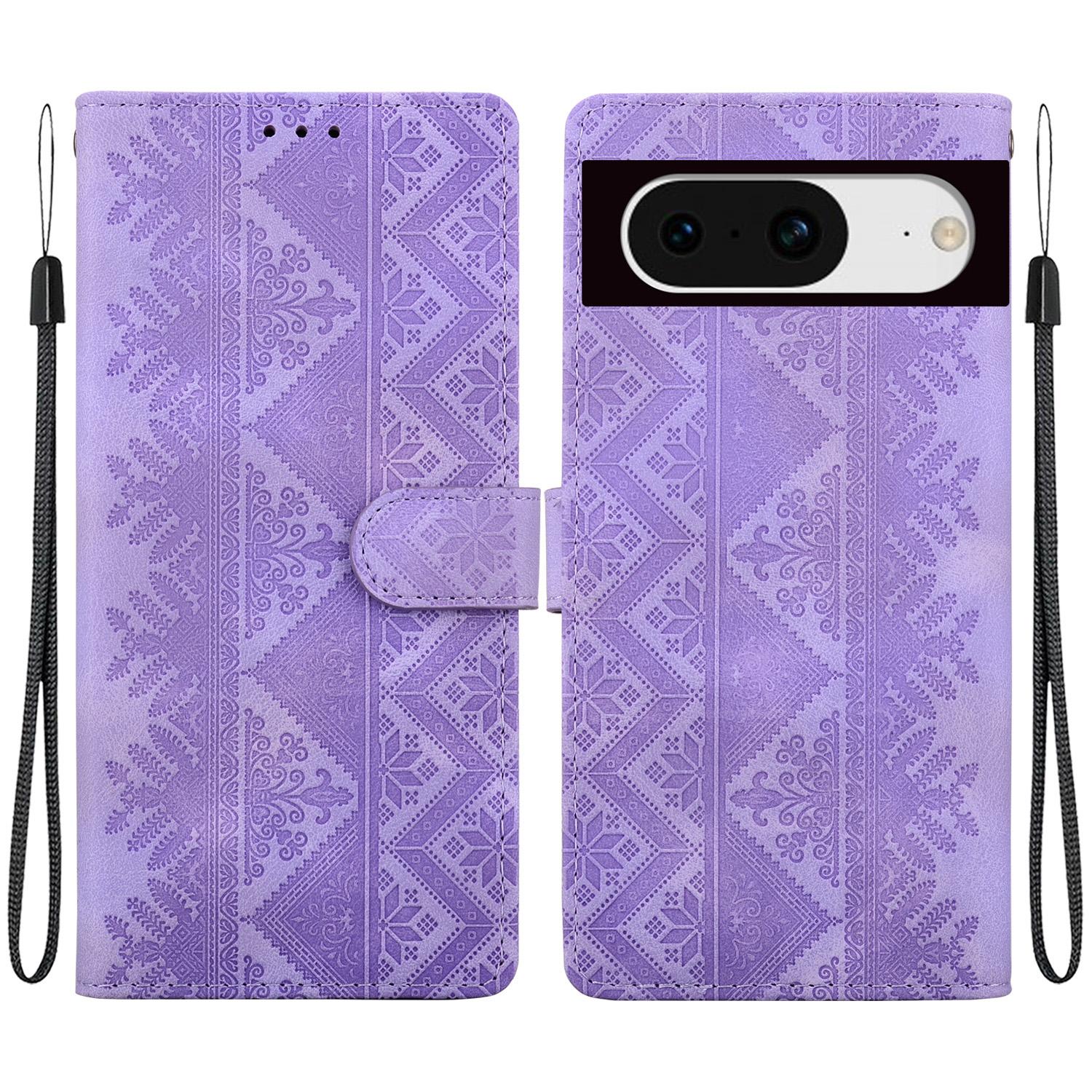 For Google Pixel 8 Ethnic Pattern Embossed Vegan Leather Phone Case(Purple) - Shopkiz.com