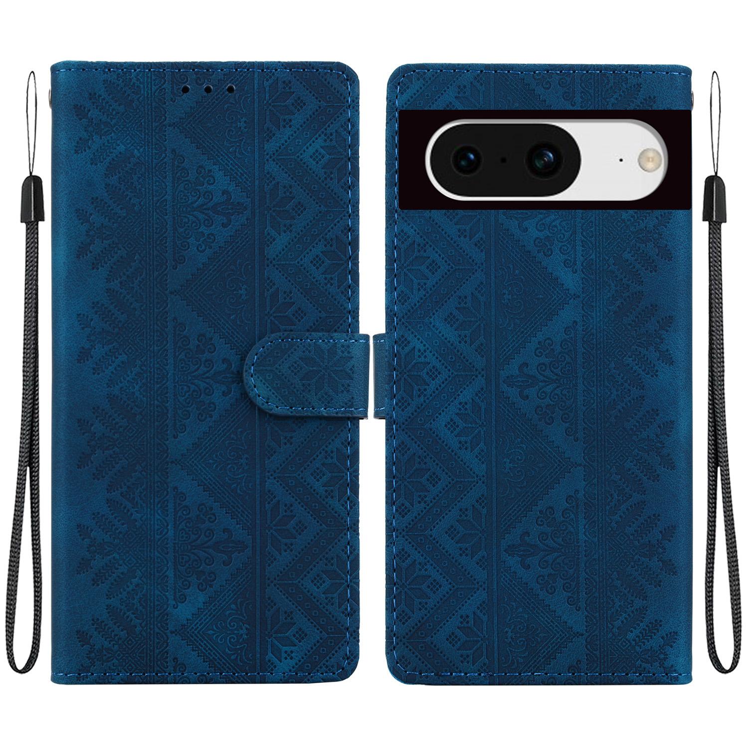 For Google Pixel 8 Ethnic Pattern Embossed Vegan Leather Phone Case(Dark Blue) - Shopkiz.com