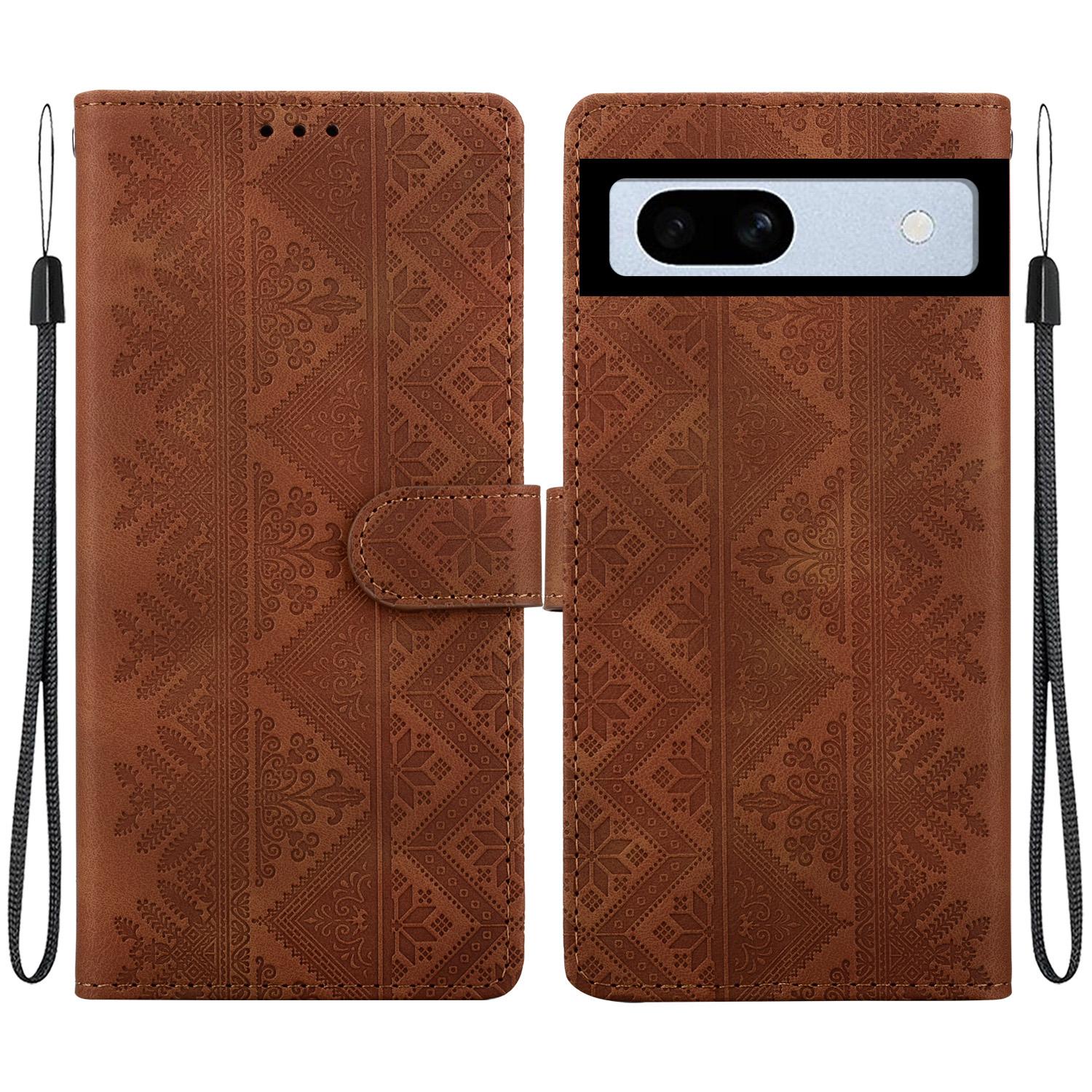 For Google Pixel 7a Ethnic Pattern Embossed Vegan Leather Phone Case(Brown) - Shopkiz.com