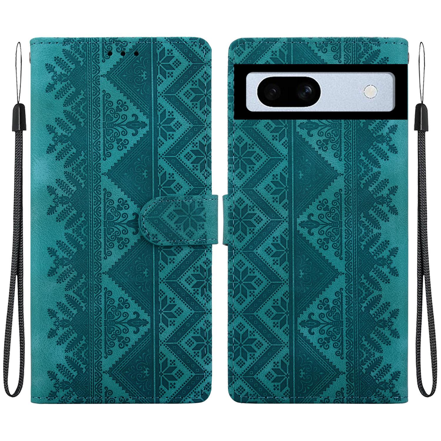 For Google Pixel 7a Ethnic Pattern Embossed Vegan Leather Phone Case(Green) - Shopkiz.com