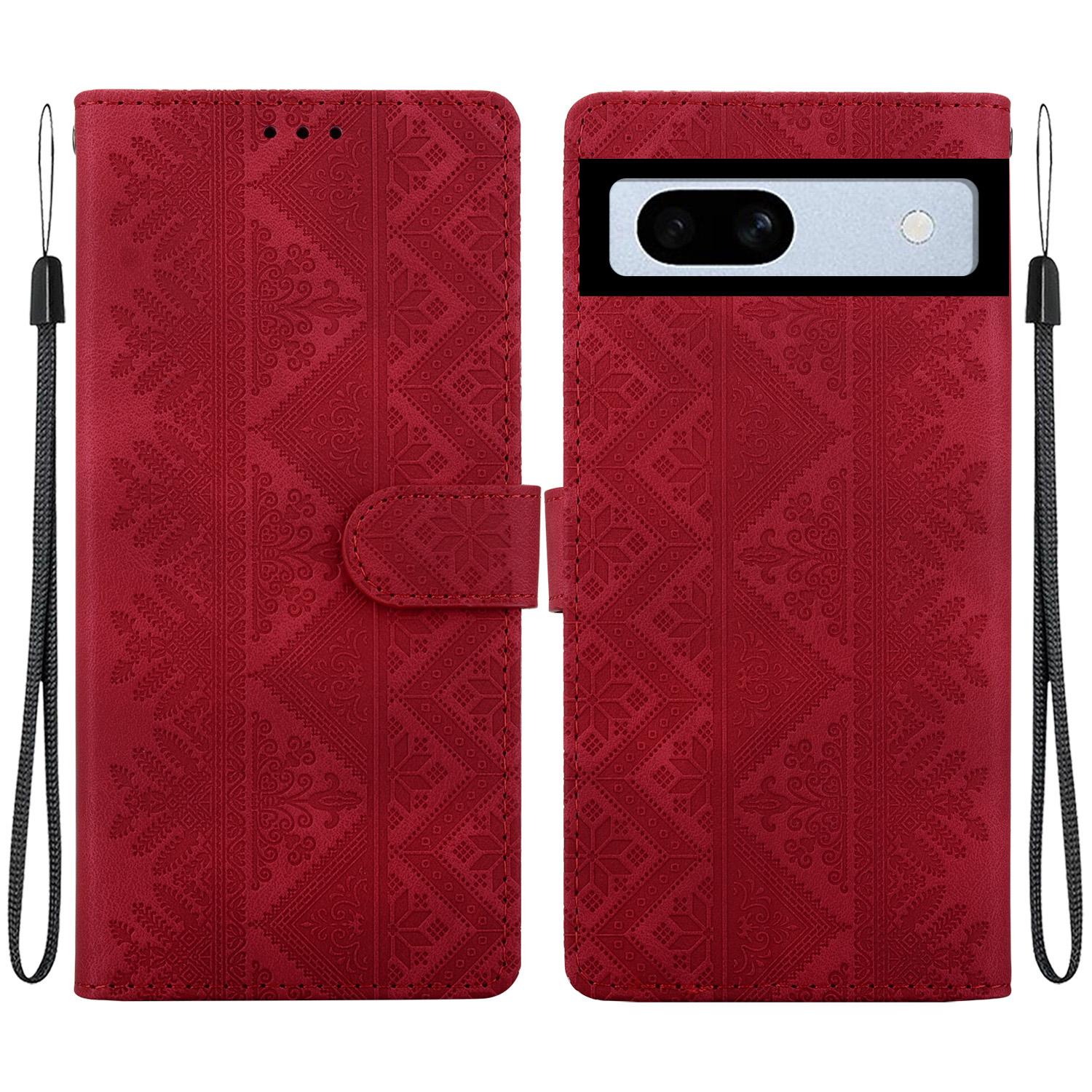 For Google Pixel 7a Ethnic Pattern Embossed Vegan Leather Phone Case(Red) - Shopkiz.com