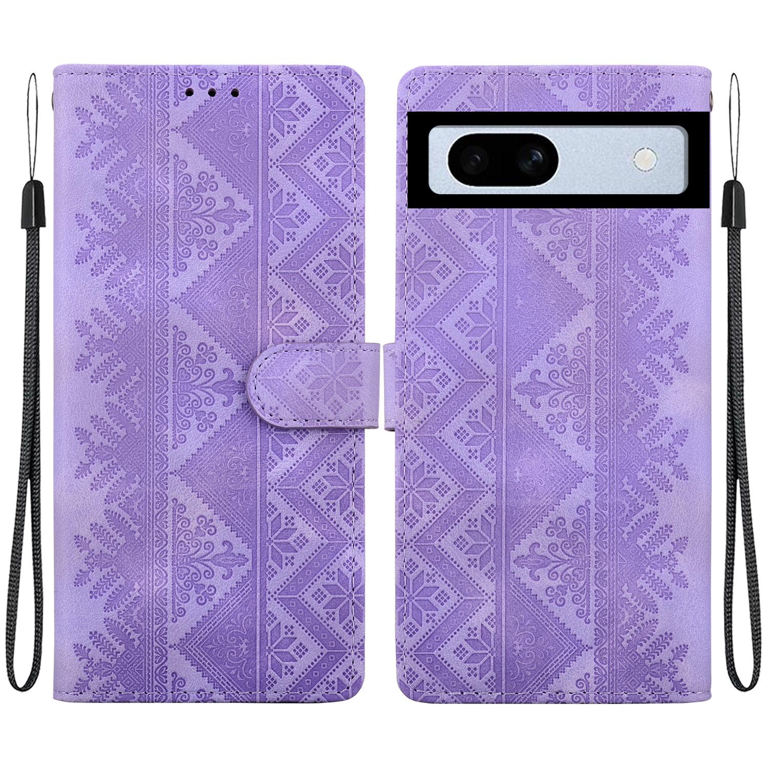 For Google Pixel 7a Ethnic Pattern Embossed Vegan Leather Phone Case(Purple) - Shopkiz.com
