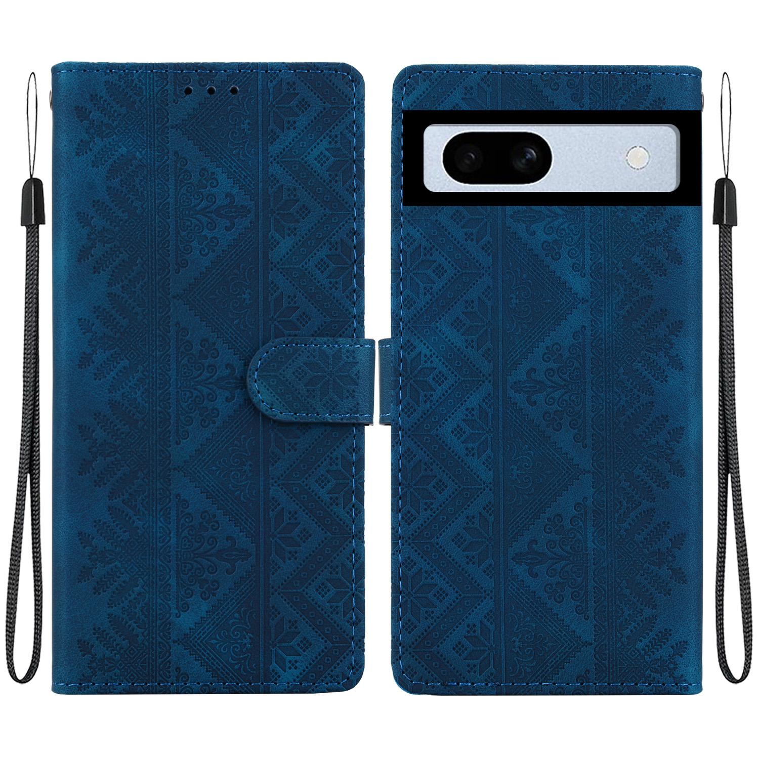 For Google Pixel 7a Ethnic Pattern Embossed Vegan Leather Phone Case(Dark Blue) - Shopkiz.com