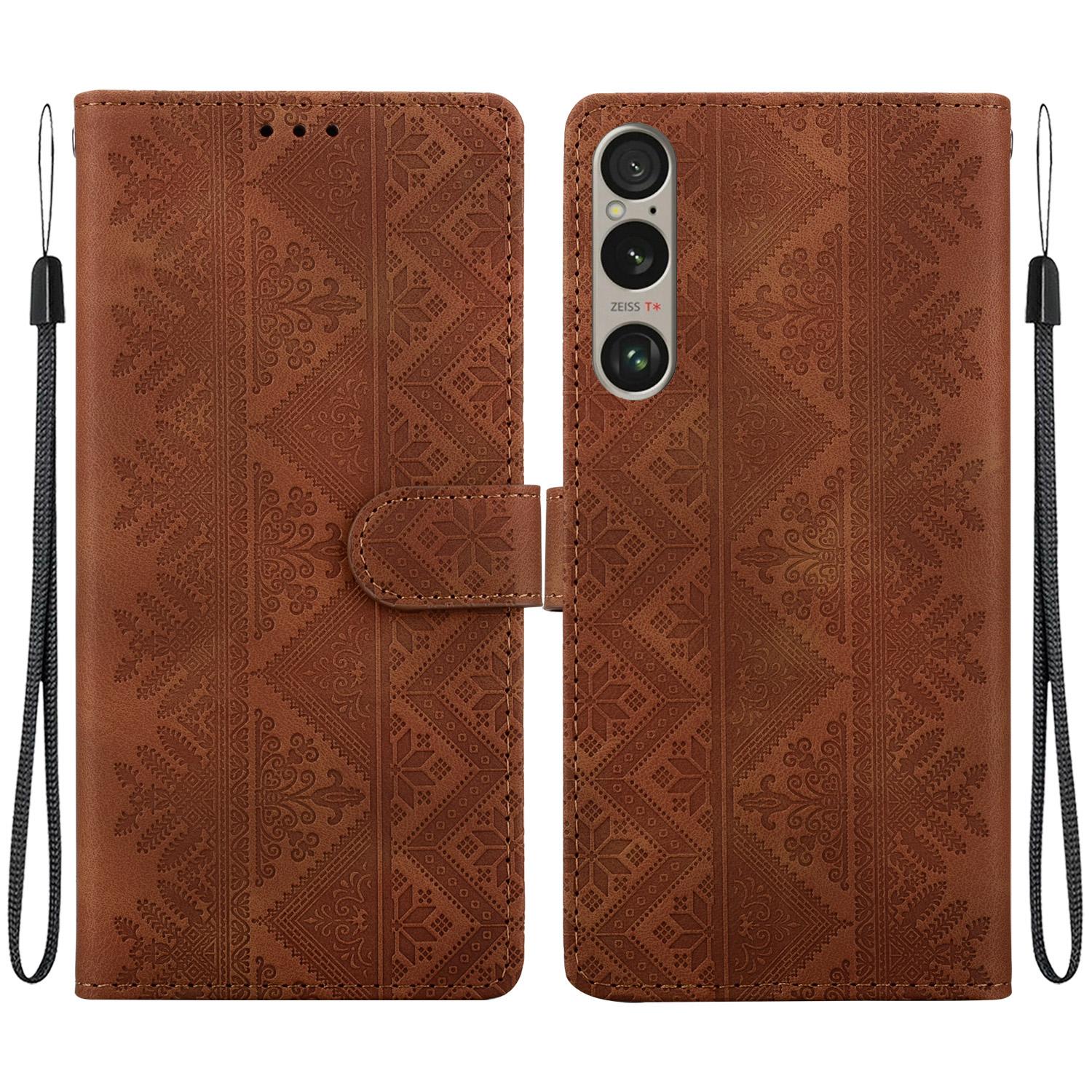 For Sony Xperia 1 VI Ethnic Pattern Embossed Vegan Leather Phone Case(Brown) - Shopkiz.com