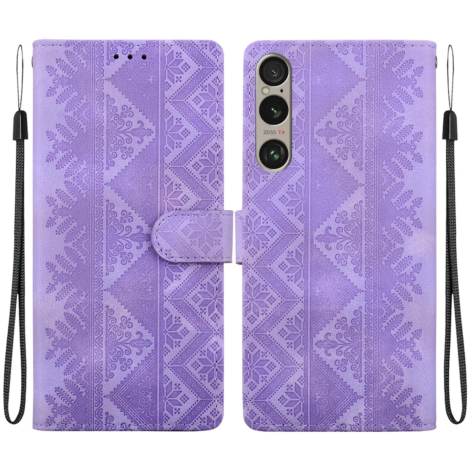 For Sony Xperia 1 VI Ethnic Pattern Embossed Vegan Leather Phone Case(Purple) - Shopkiz.com