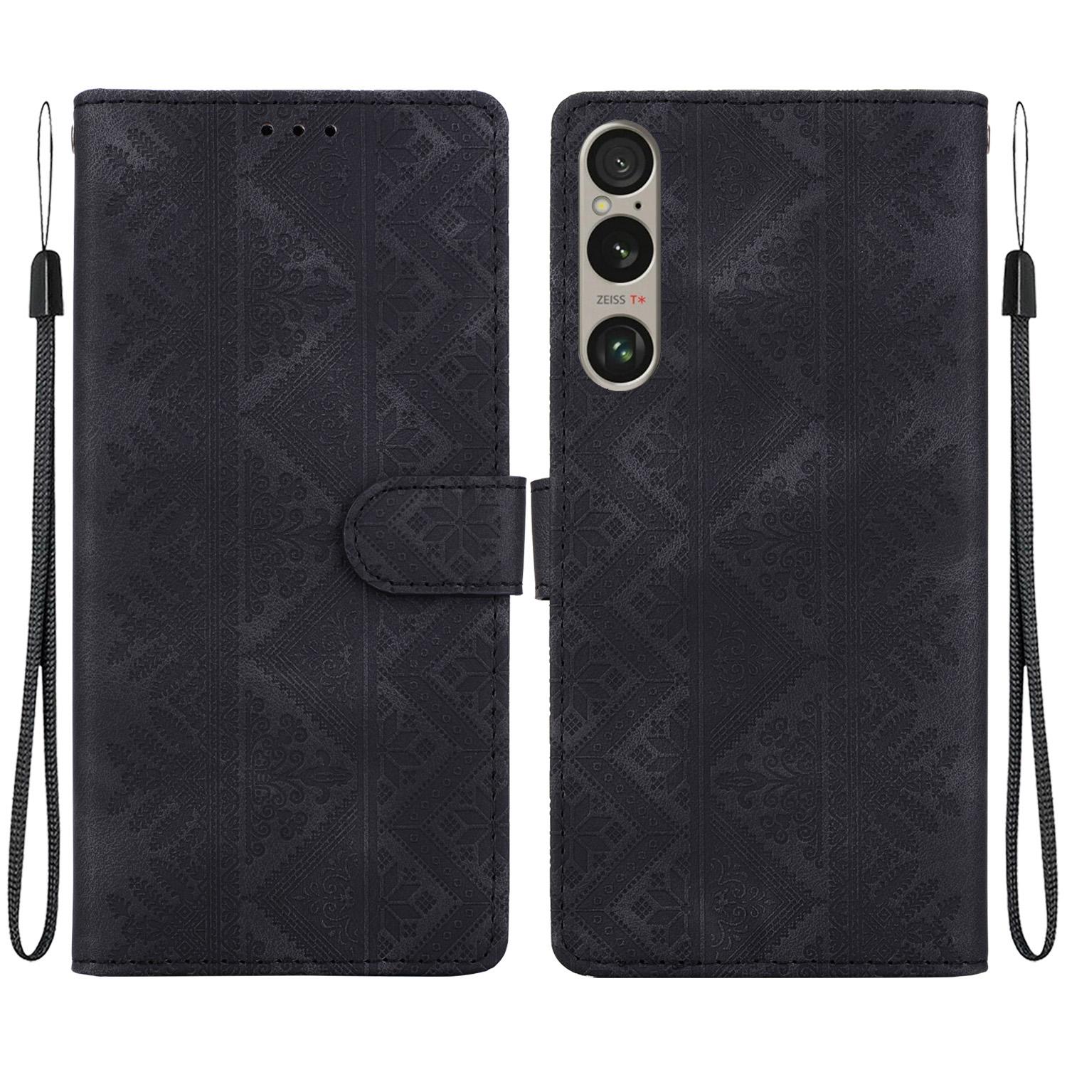 For Sony Xperia 1 VI Ethnic Pattern Embossed Vegan Leather Phone Case(Black) - Shopkiz.com