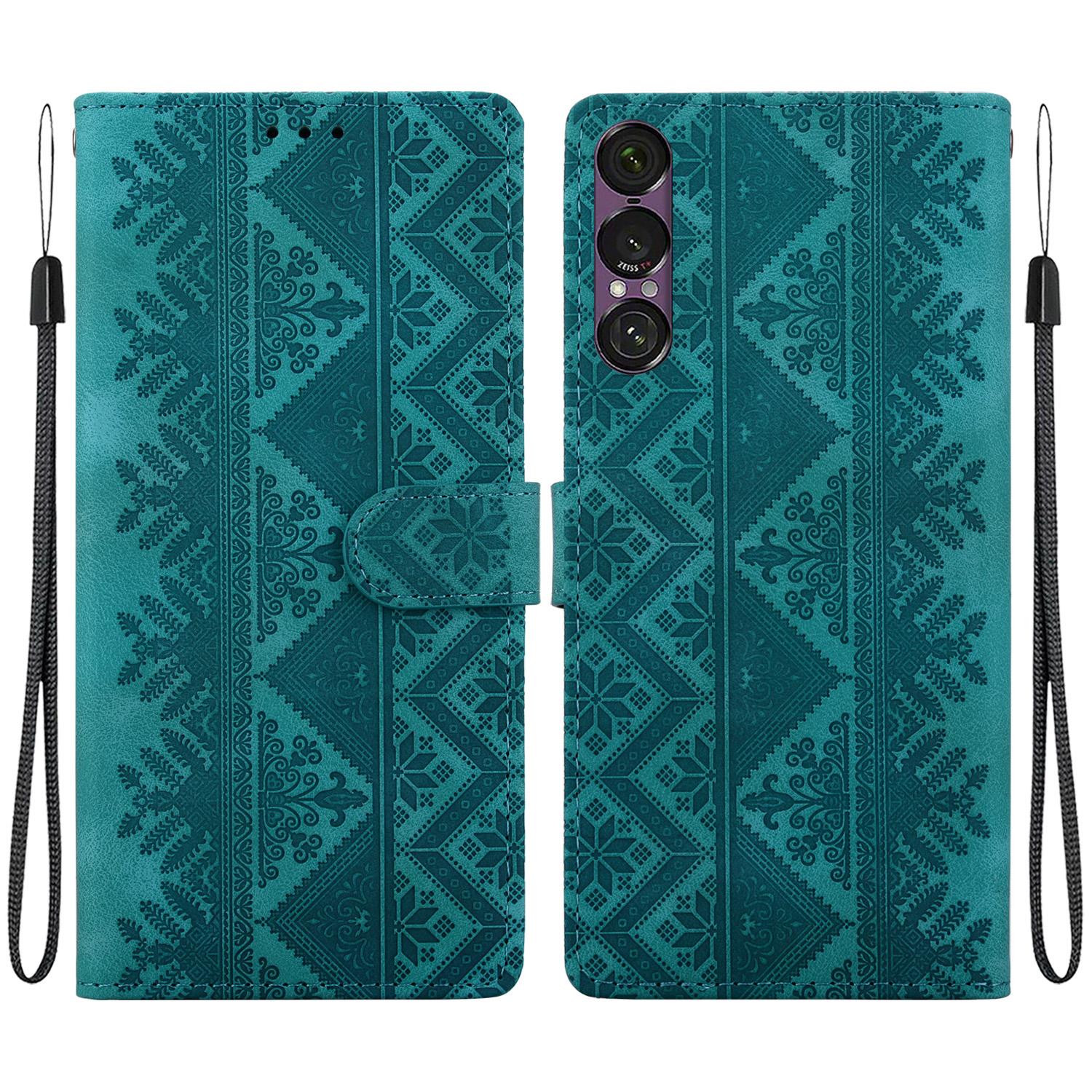 For Sony Xperia 1 VII Ethnic Pattern Embossed Vegan Leather Phone Case(Green) - Shopkiz.com