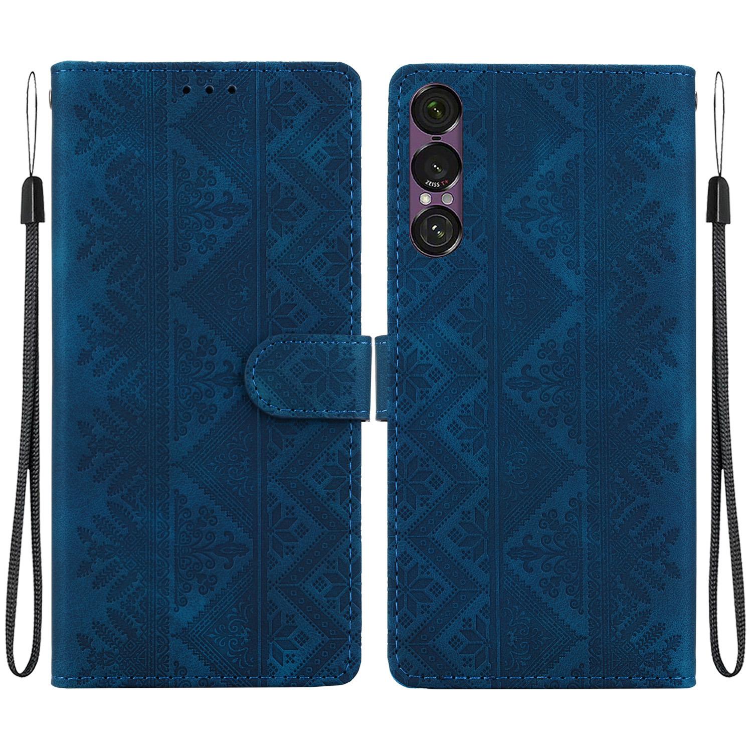 For Sony Xperia 1 VII Ethnic Pattern Embossed Vegan Leather Phone Case(Dark Blue) - Shopkiz.com