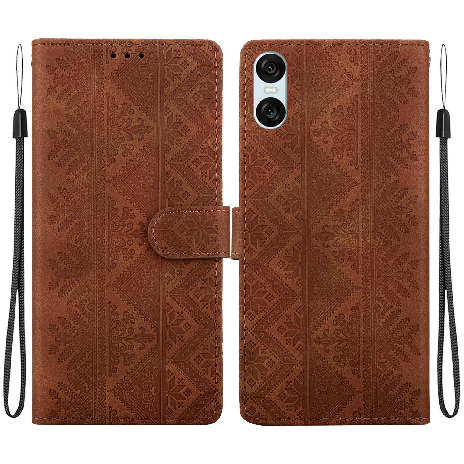 For Sony Xperia 10 VI Ethnic Pattern Embossed Vegan Leather Phone Case(Brown) - Shopkiz.com