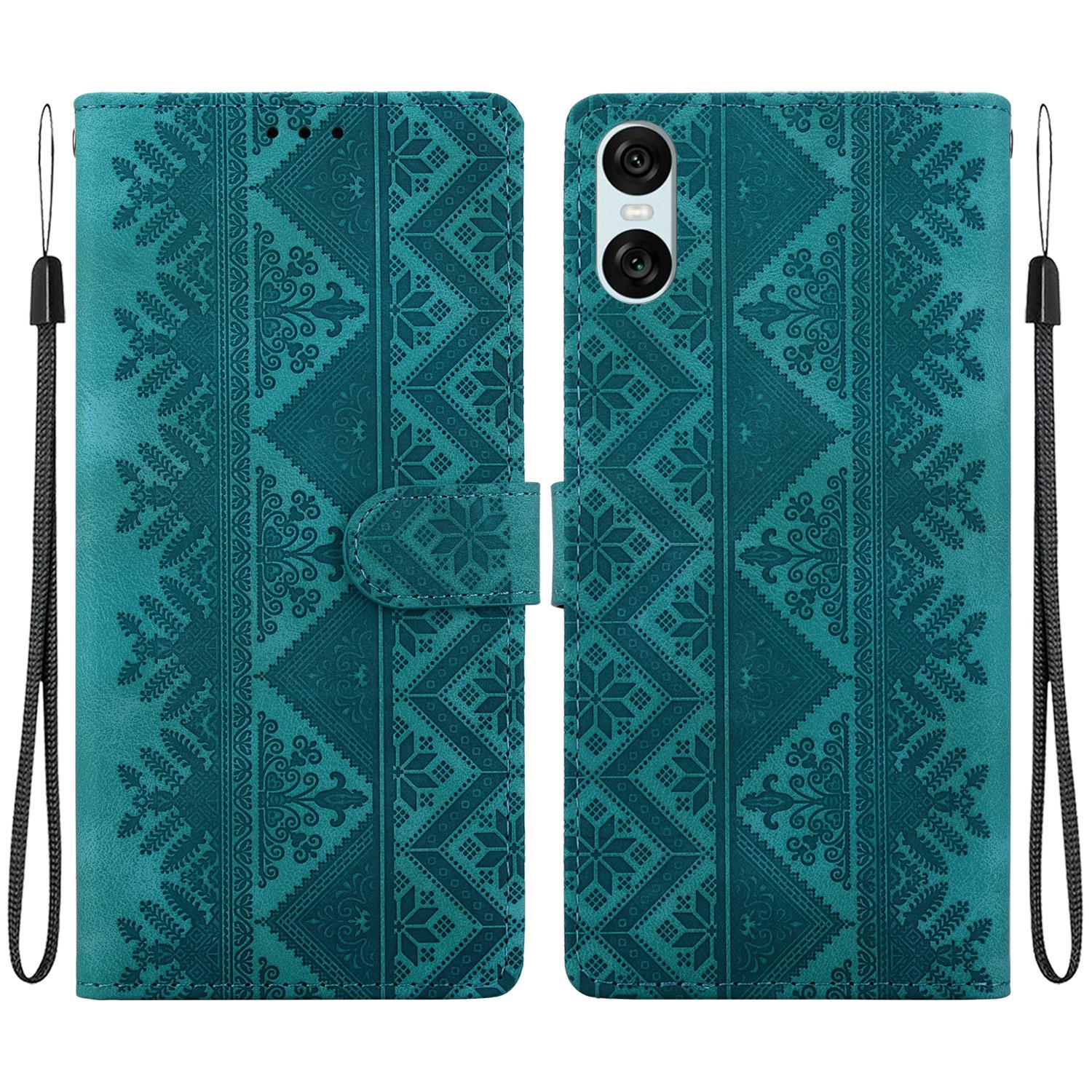 For Sony Xperia 10 VI Ethnic Pattern Embossed Vegan Leather Phone Case(Green) - Shopkiz.com