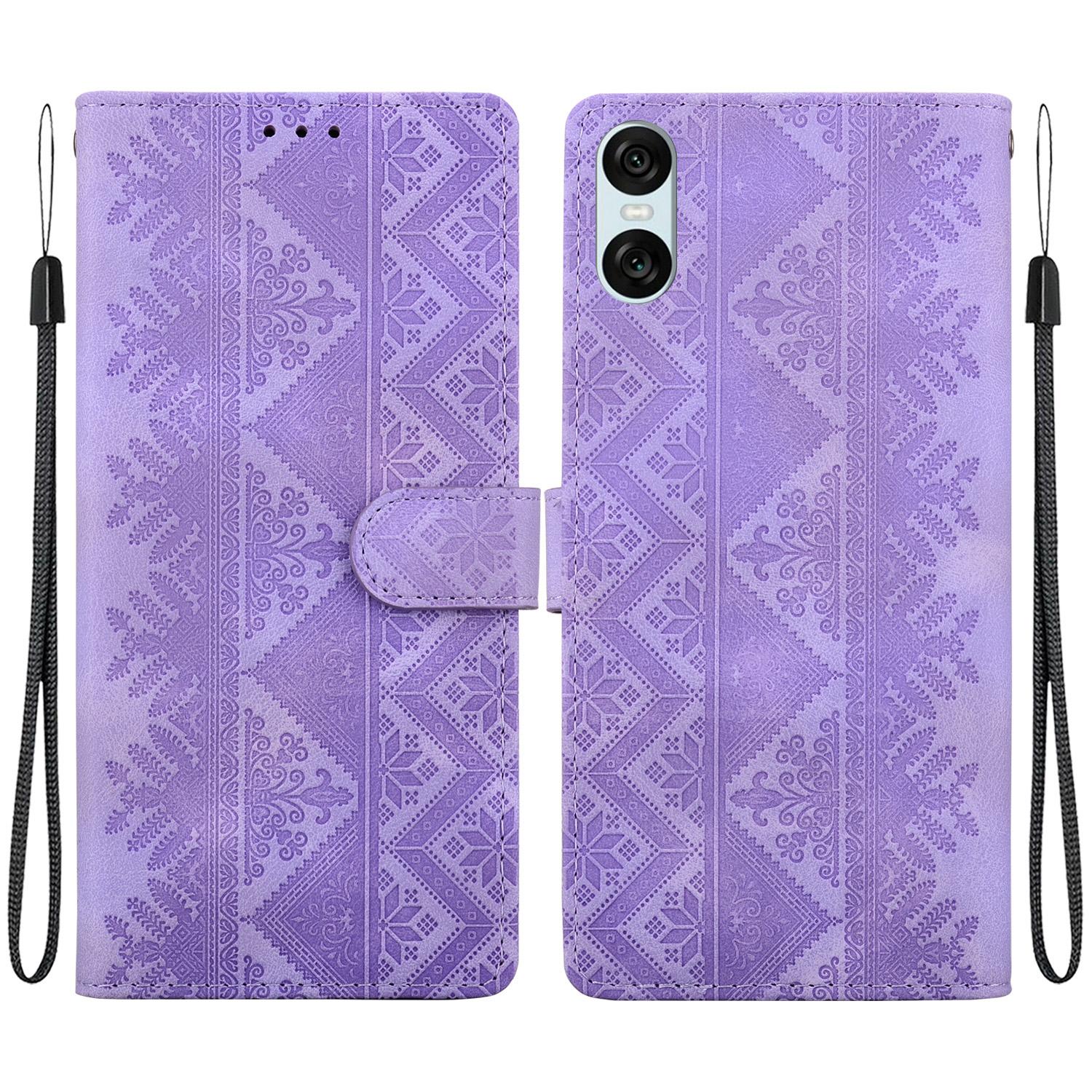 For Sony Xperia 10 VI Ethnic Pattern Embossed Vegan Leather Phone Case(Purple) - Shopkiz.com