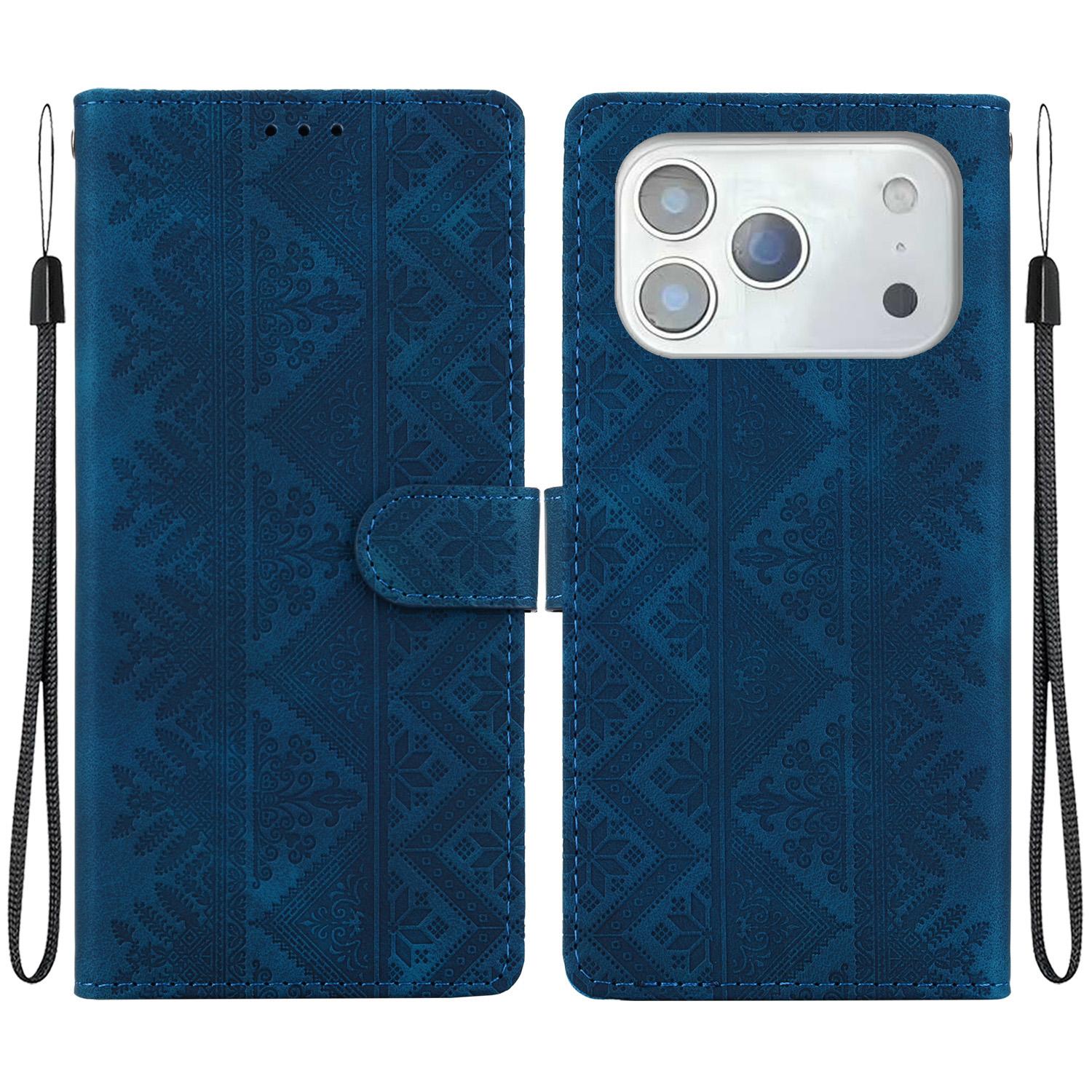 For iPhone 18 Pro Max Ethnic Pattern Embossed Vegan Leather Phone Case(Dark Blue) - Shopkiz.com