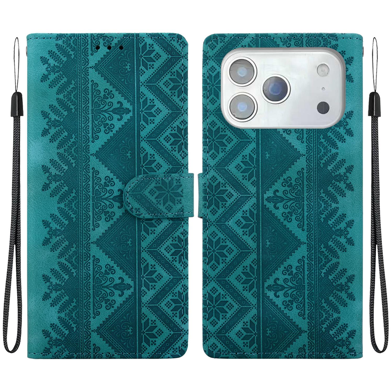 For iPhone 18 Pro Ethnic Pattern Embossed Vegan Leather Phone Case(Green) - Shopkiz.com