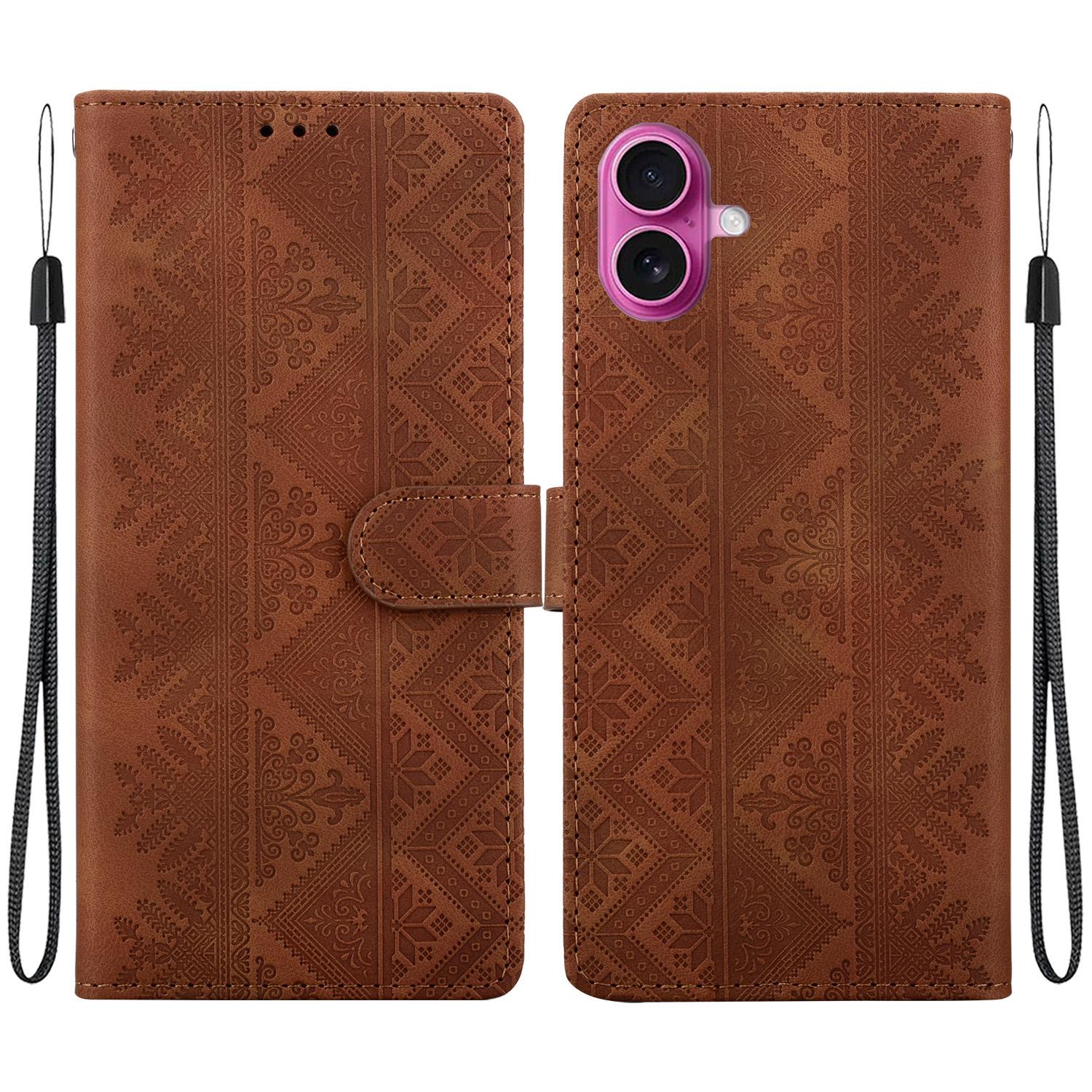 For iPhone 17 Ethnic Pattern Embossed Vegan Leather Phone Case(Brown) - Shopkiz.com
