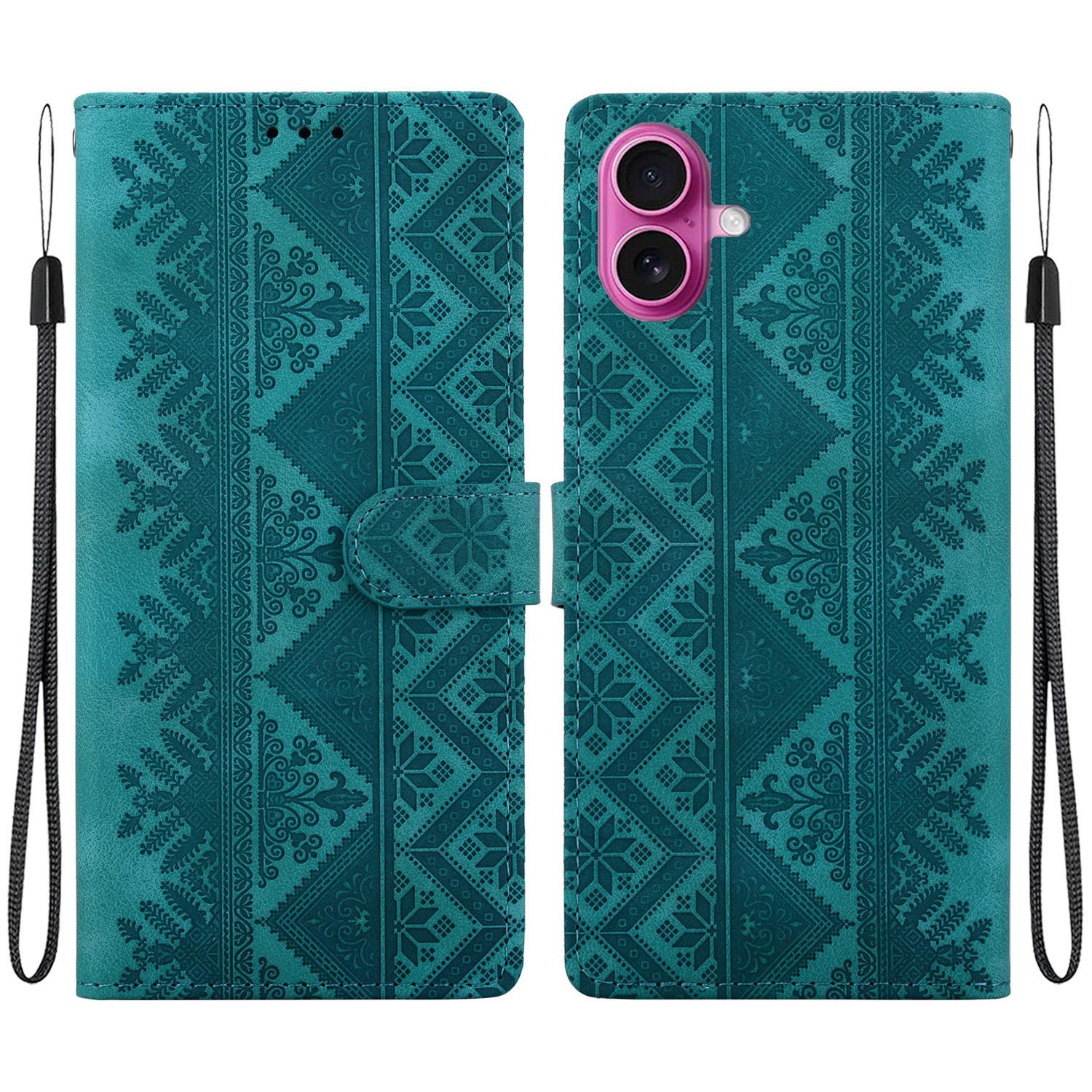 For iPhone 17 Ethnic Pattern Embossed Vegan Leather Phone Case(Green) - Shopkiz.com