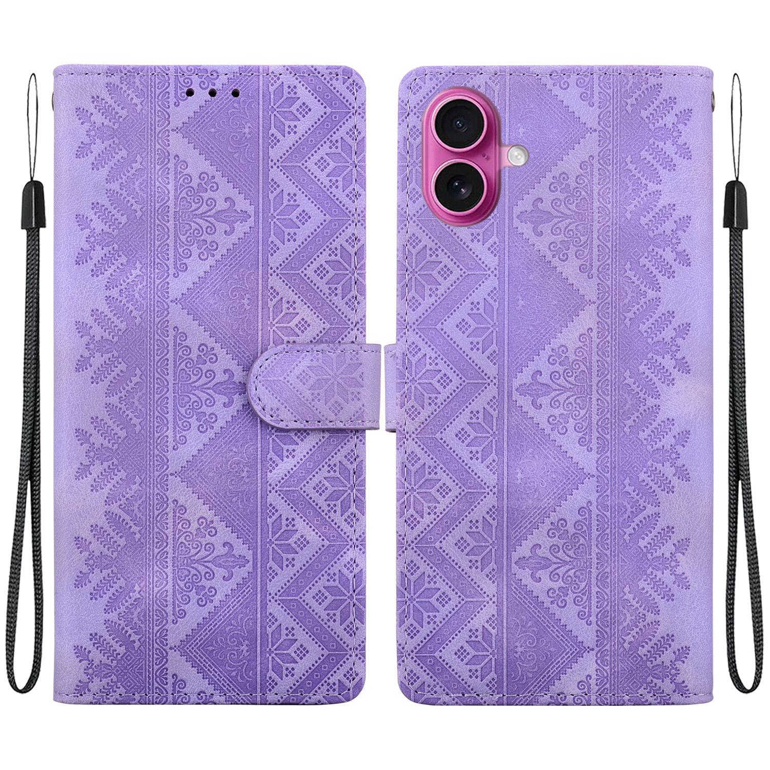 For iPhone 17 Ethnic Pattern Embossed Vegan Leather Phone Case(Purple) - Shopkiz.com