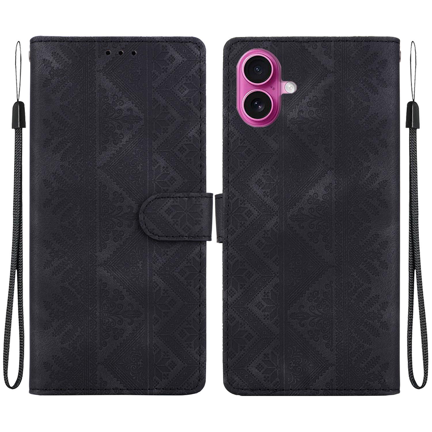 For iPhone 17 Ethnic Pattern Embossed Vegan Leather Phone Case(Black) - Shopkiz.com